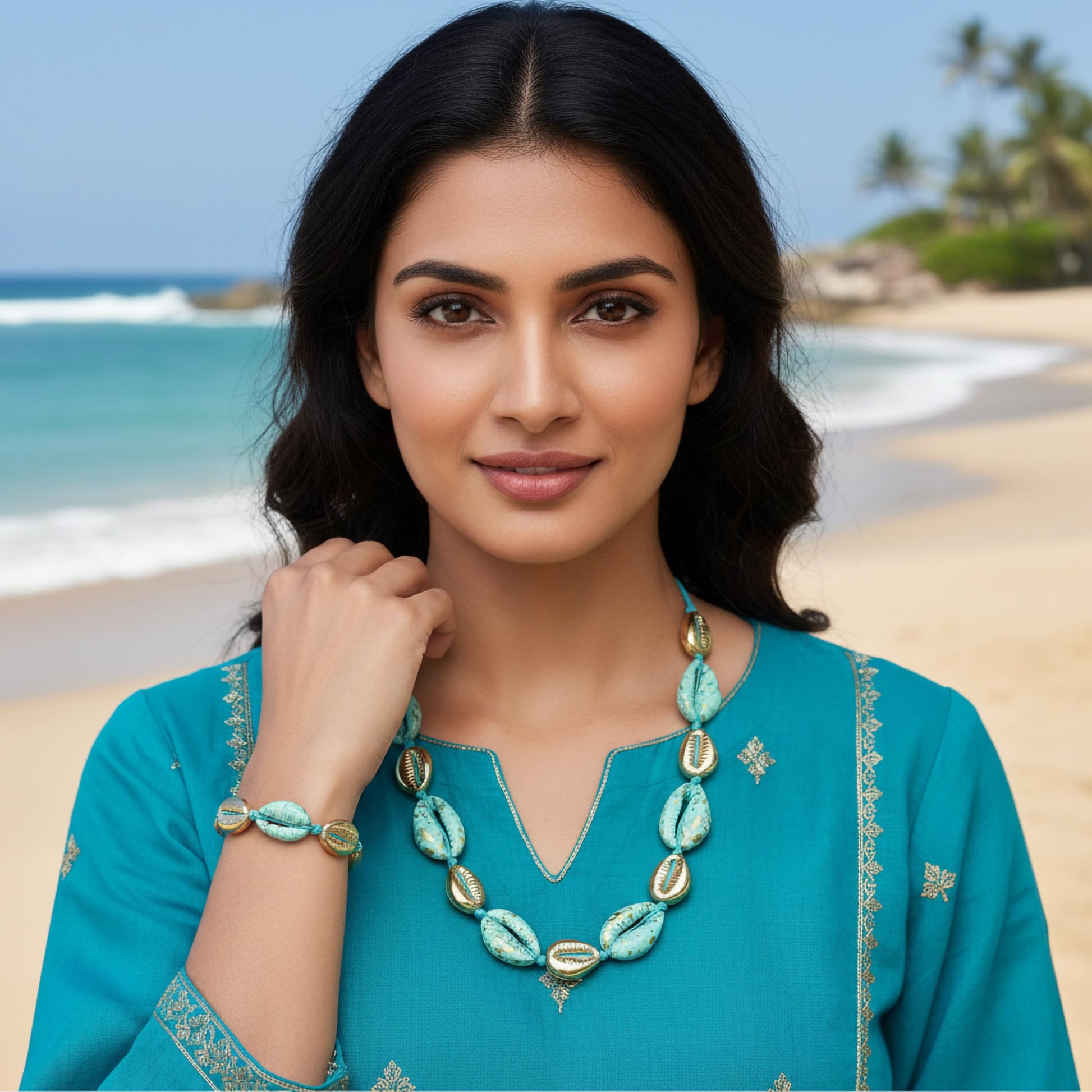 Adjustable cowrie shell jewellery set colorful beads necklace and bracelet for daily wear