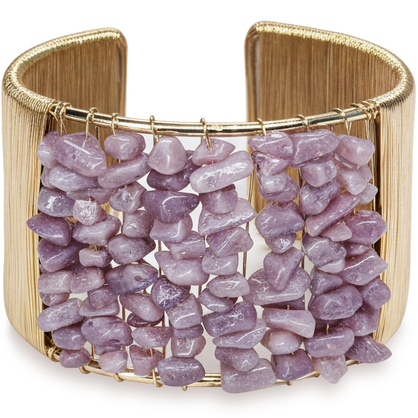 Make wrist styling stand out with a lavender stone chip cuff bracelet and gold-tone wire detail.
