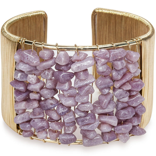 Make wrist styling stand out with a lavender stone chip cuff bracelet and gold-tone wire detail.