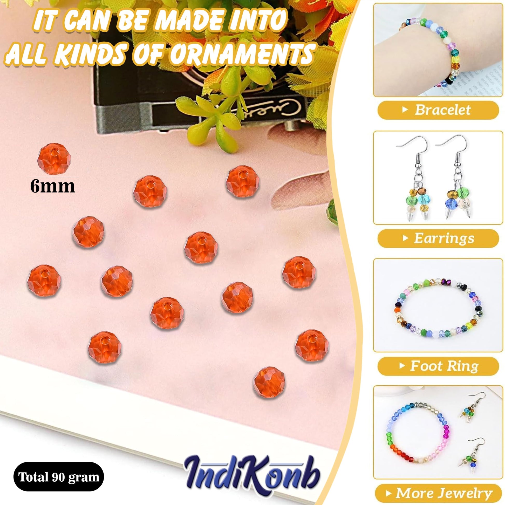 Orange and transparent 6mm and 90 grams beads are a clean finishing element for necklace making and DIY jewellery projects.