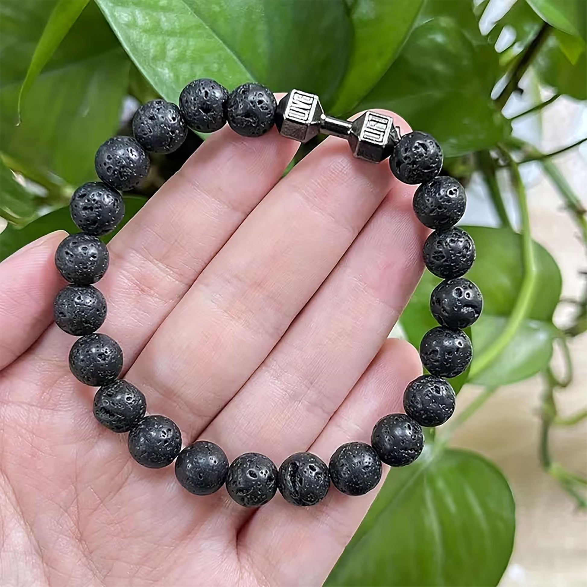 Dumbbell Charm Lava Stone Bracelet for Men, Black Gym image 5