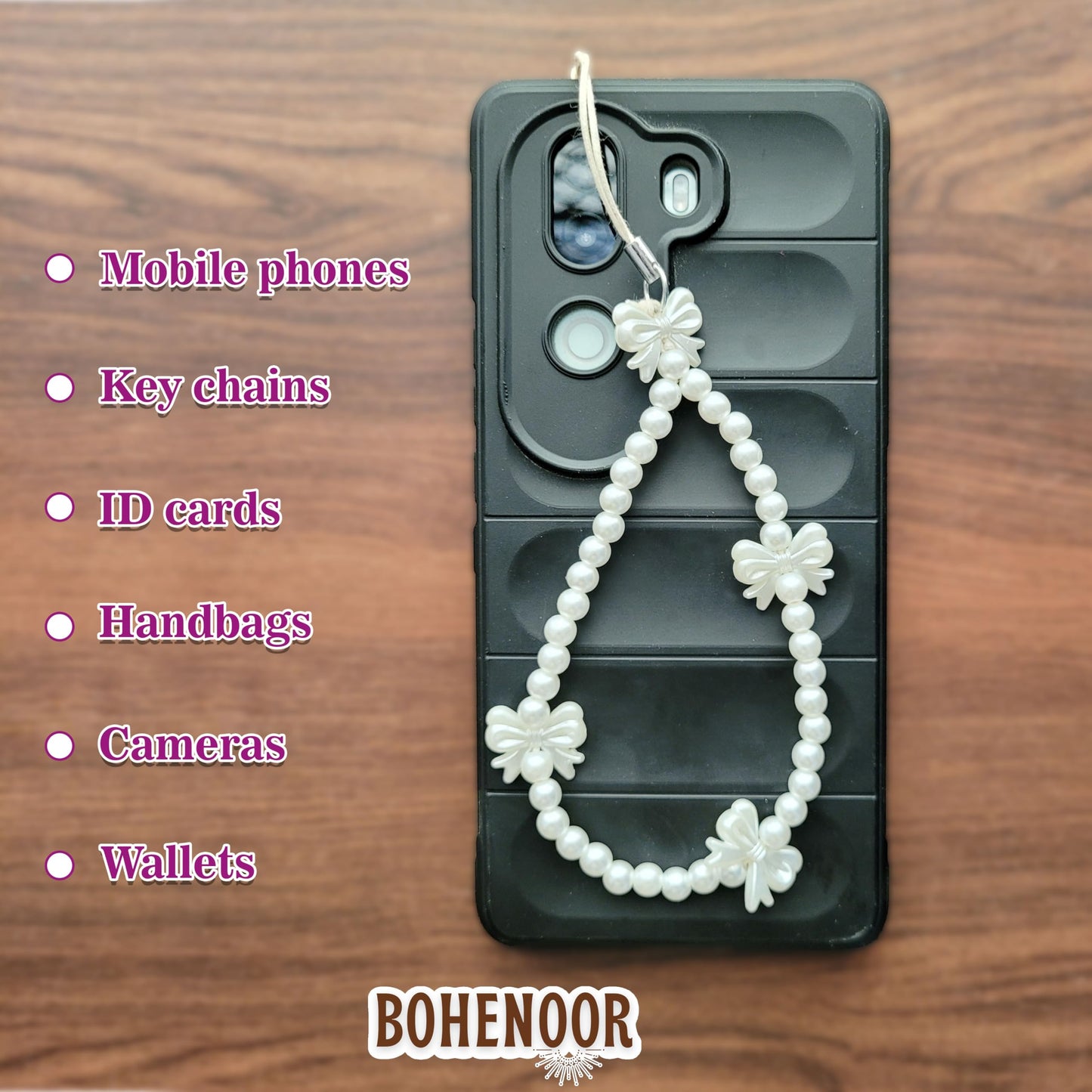 White Cell Phone Mobile Strap with Crystal Beads and Pearls. Packaging and contents image showing the full set for craft use.