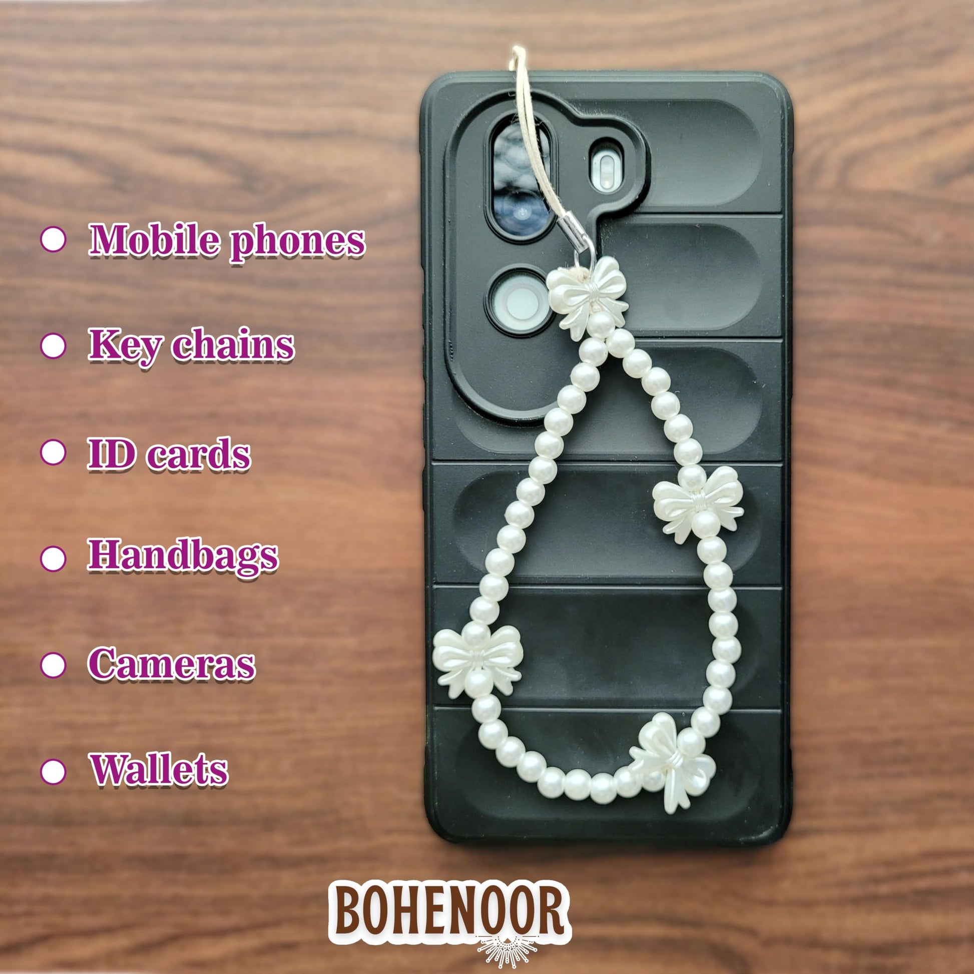 White Cell Phone Mobile Strap with Crystal Beads and Pearls. Packaging and contents image showing the full set for craft use.