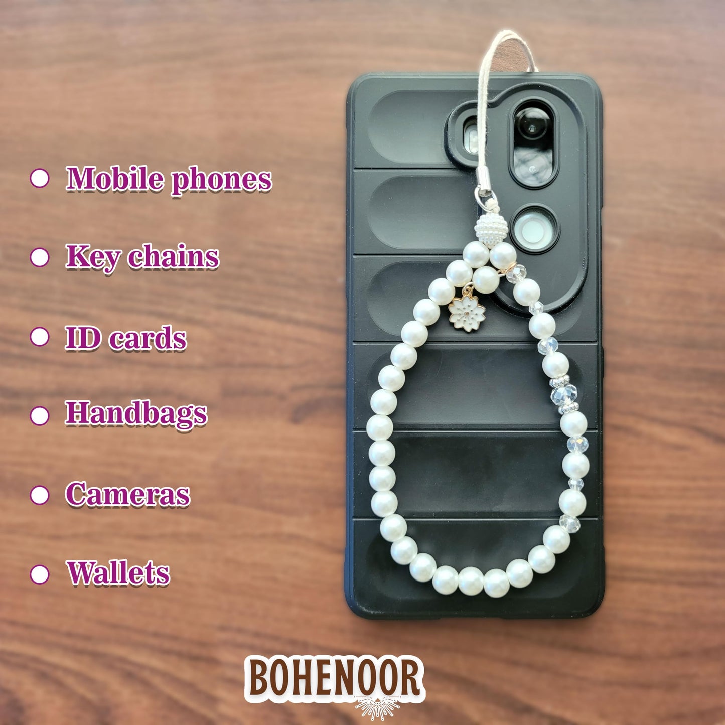 White Cell Phone Mobile Strap with Crystal Beads. Packaging and contents image showing the full set for craft use.