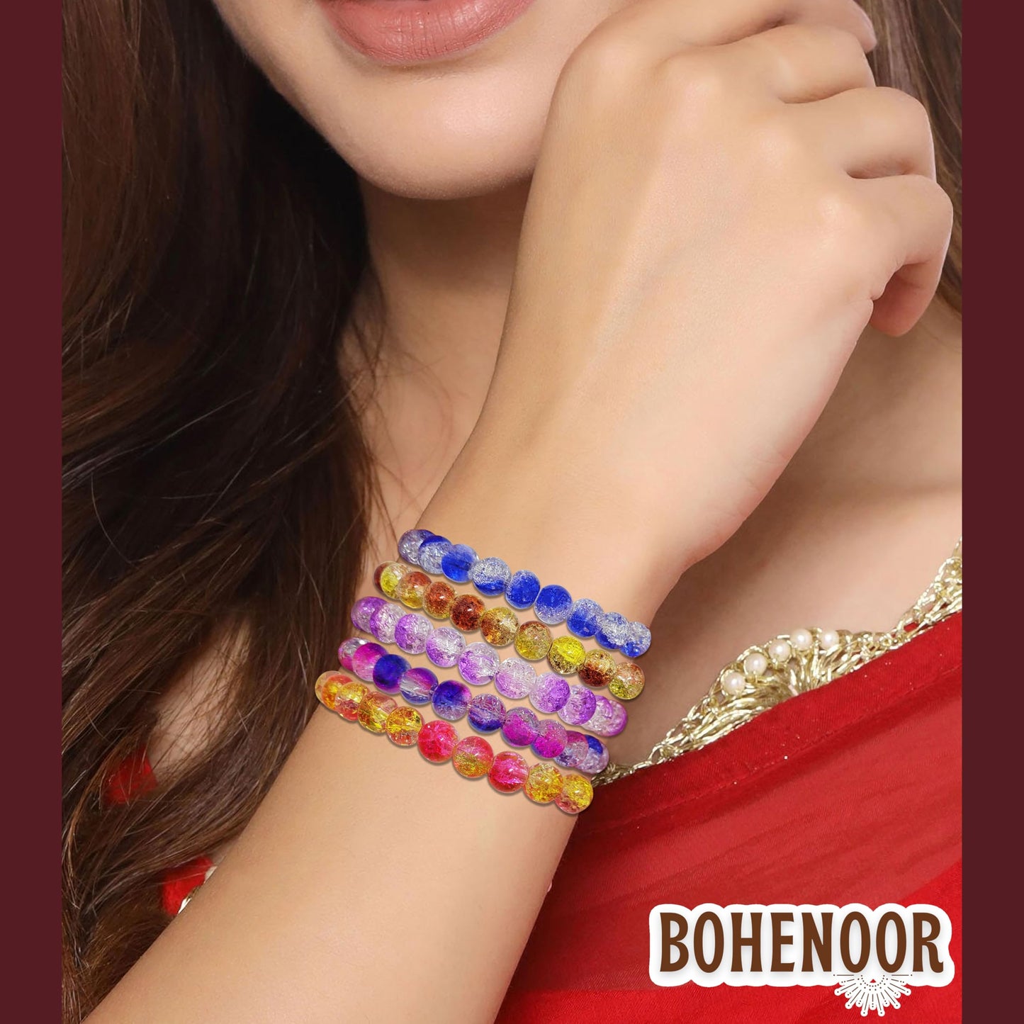 Multicolour glass and elastic bracelet brings a polished accent to gifting, festive outfits and decorative craft finishing with elastic detail.