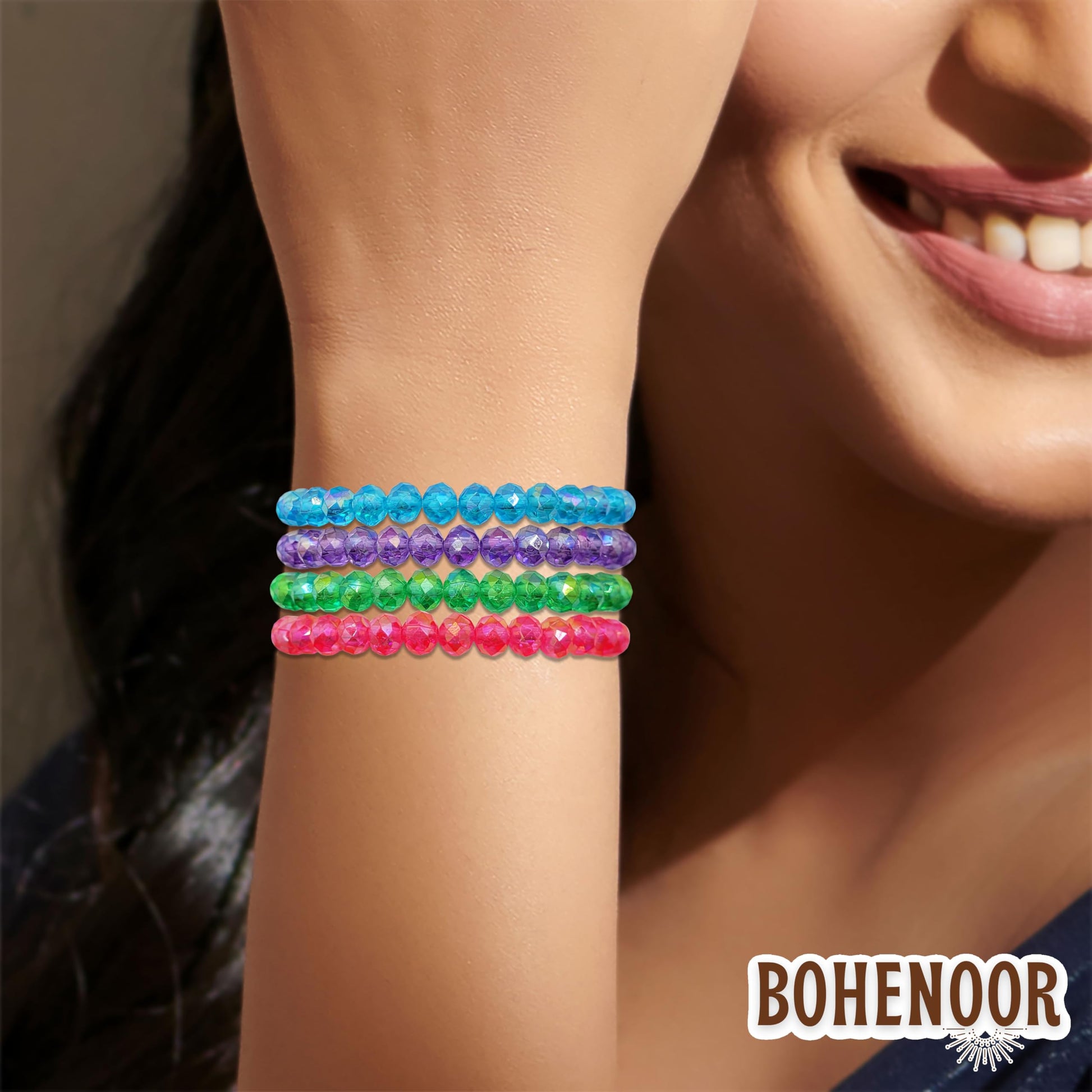 A balanced detail for party wear and gifting, multicolour and rainbow glass and elastic bracelet offers a polished handmade look to handmade projects.