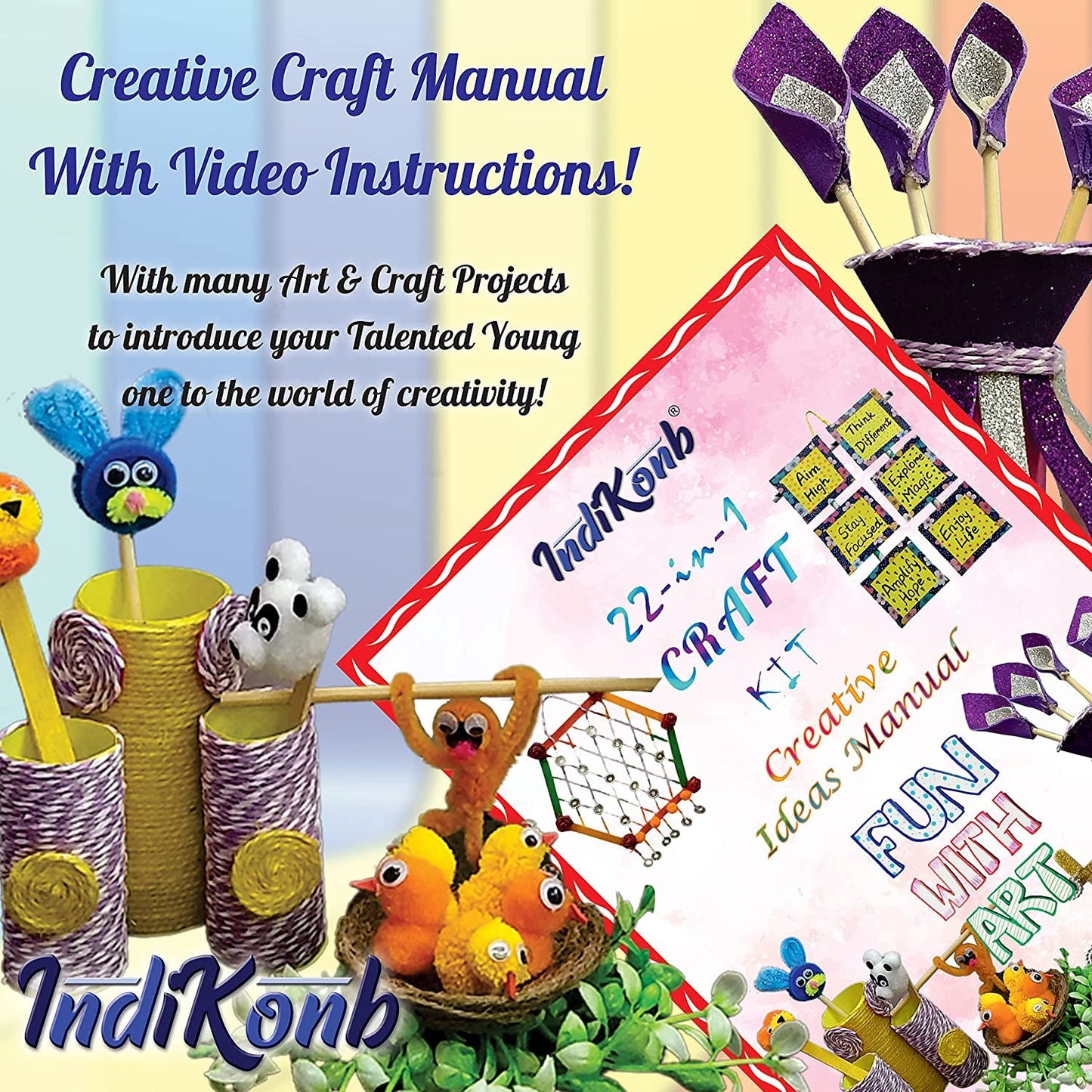 Use art craft kit with hot glue gun and cream craft material and thread art and craft kit to give school projects, creative hobby sessions and decorative a neat decorative finish.