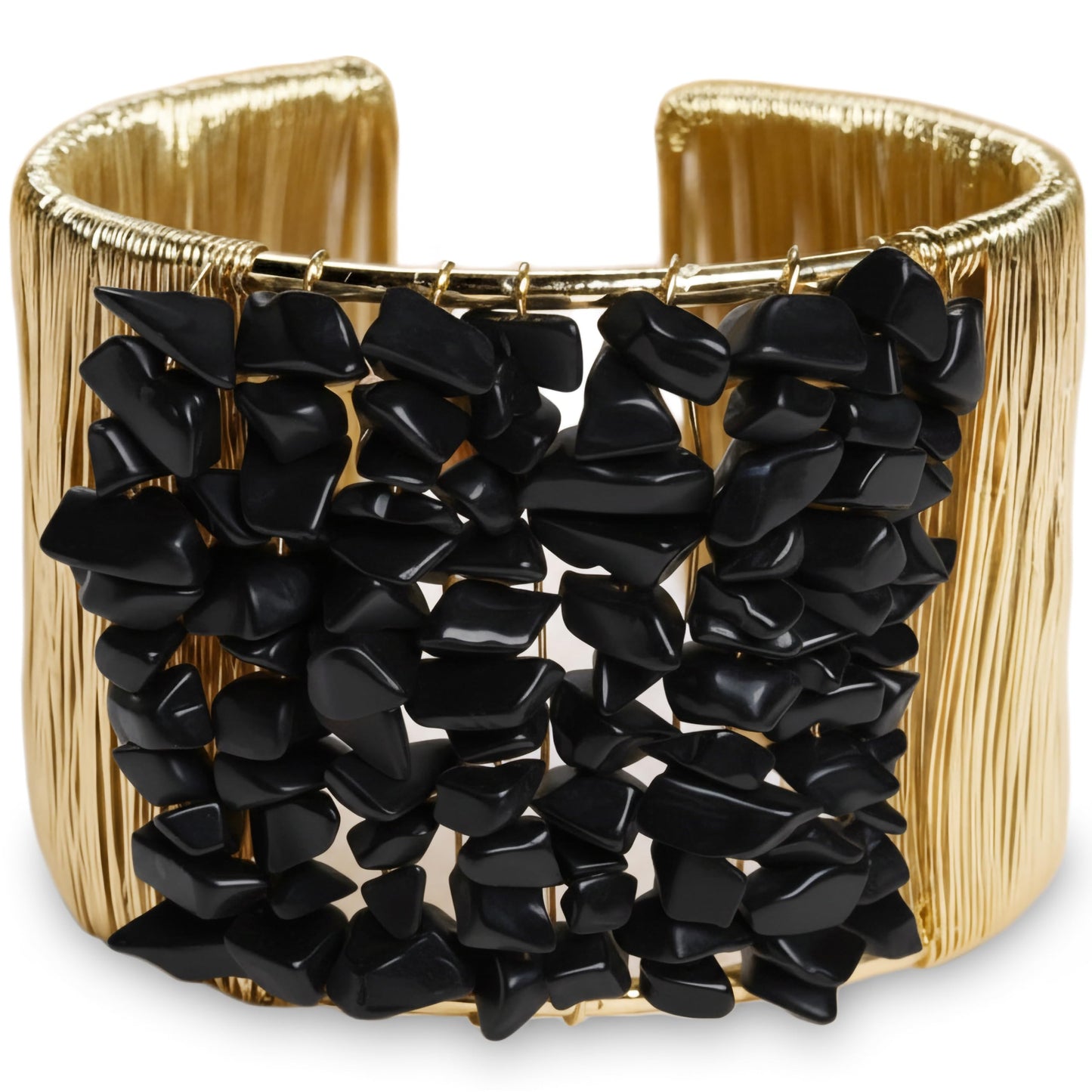 Make wrist styling stand out with a black stone chip cuff bracelet and gold-tone wire detail.