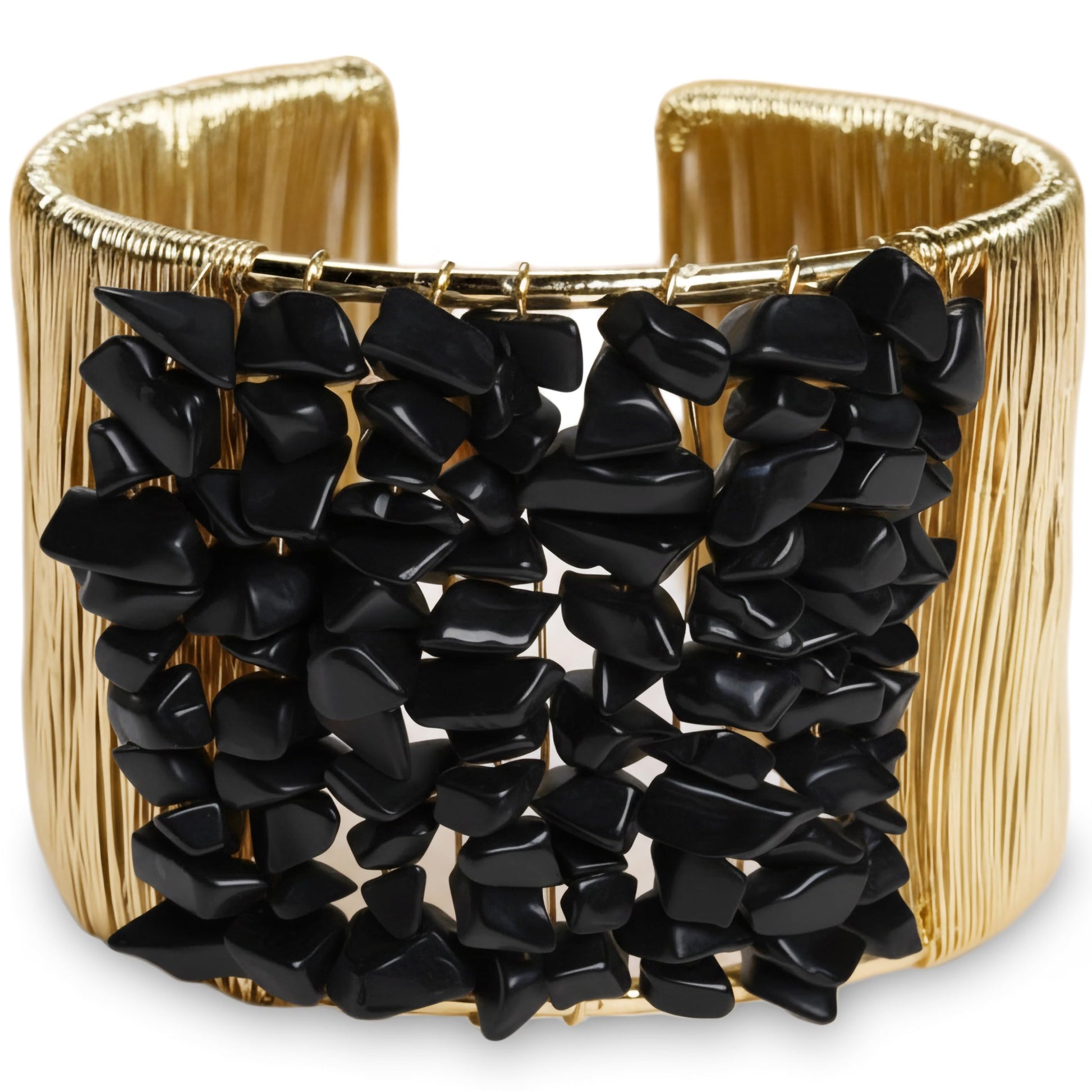 Make wrist styling stand out with a black stone chip cuff bracelet and gold-tone wire detail.