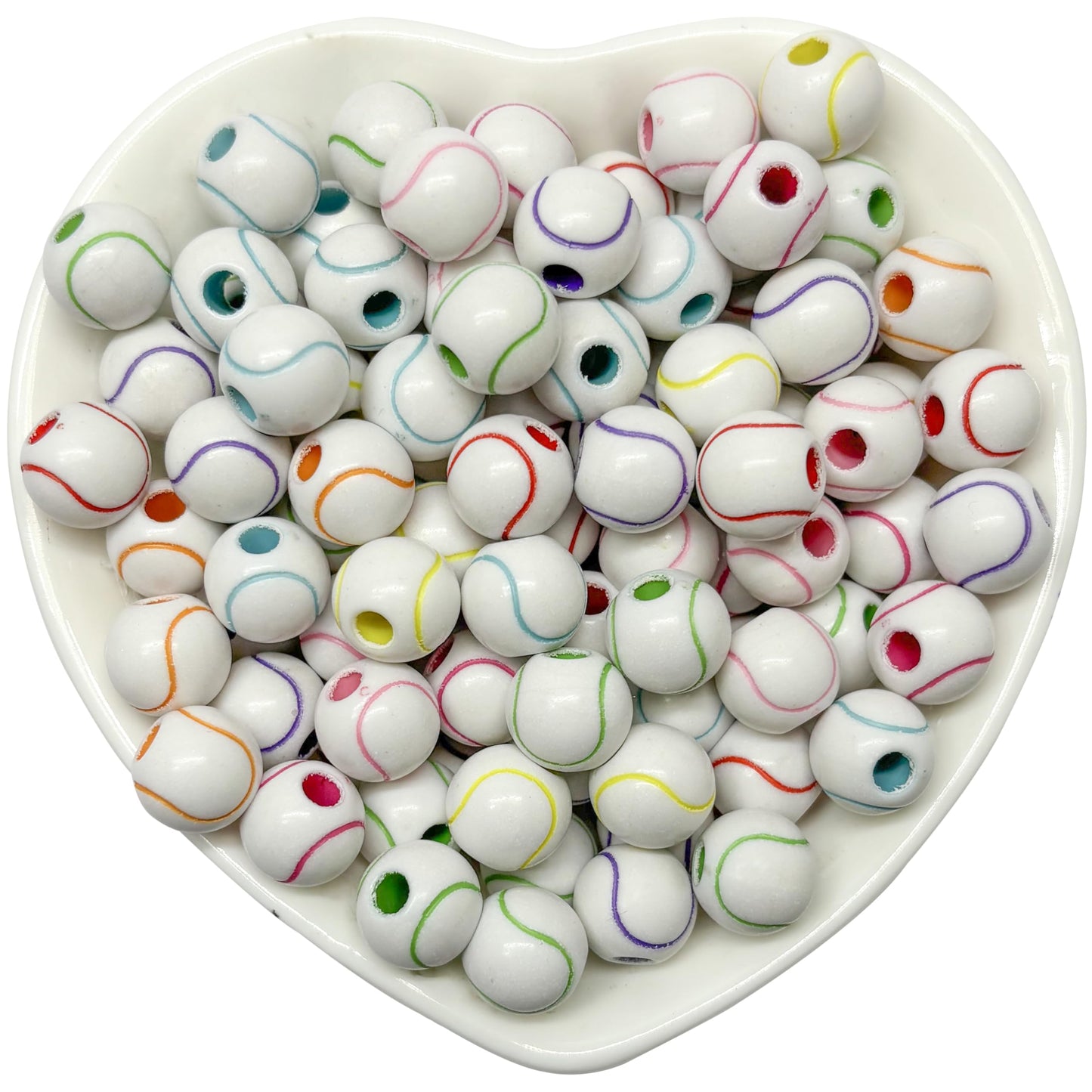 White round beads with colorful curved line pattern