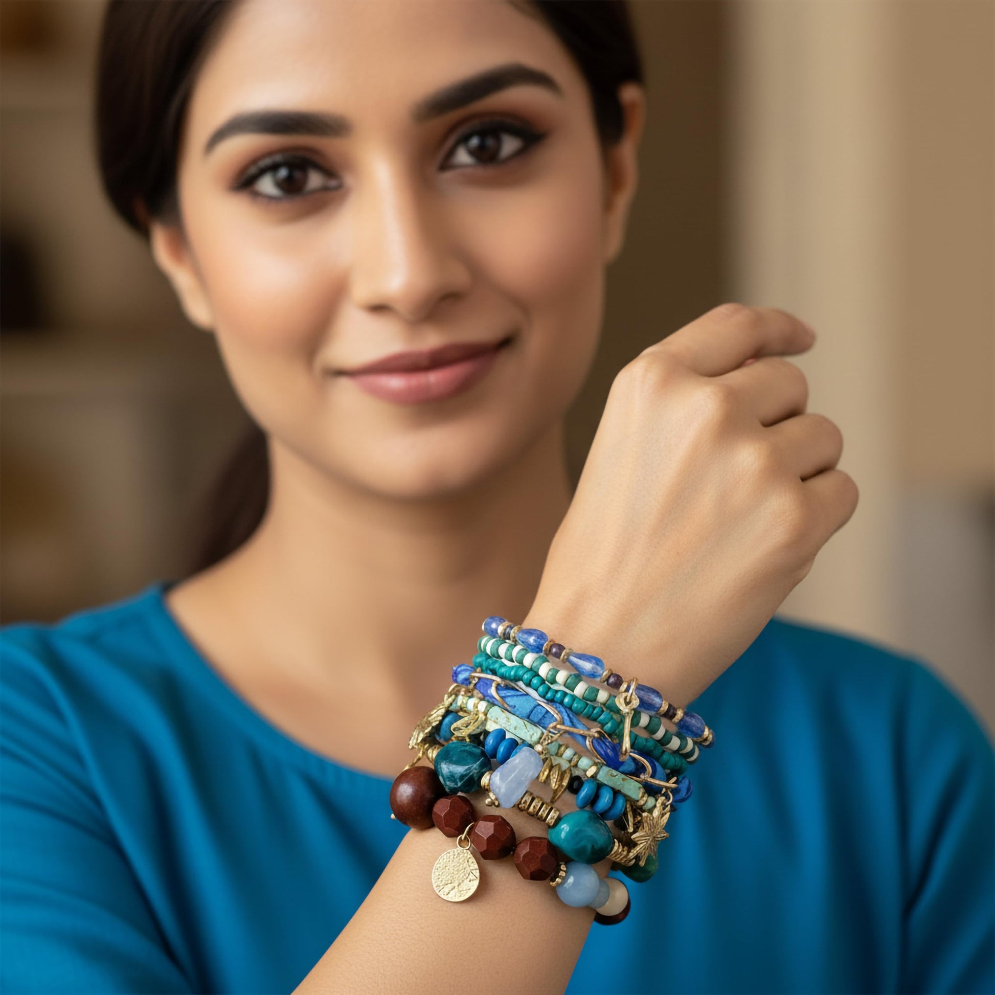 Add relaxed summer style to outfits using a sky blue shell charm bracelet with layered beads.