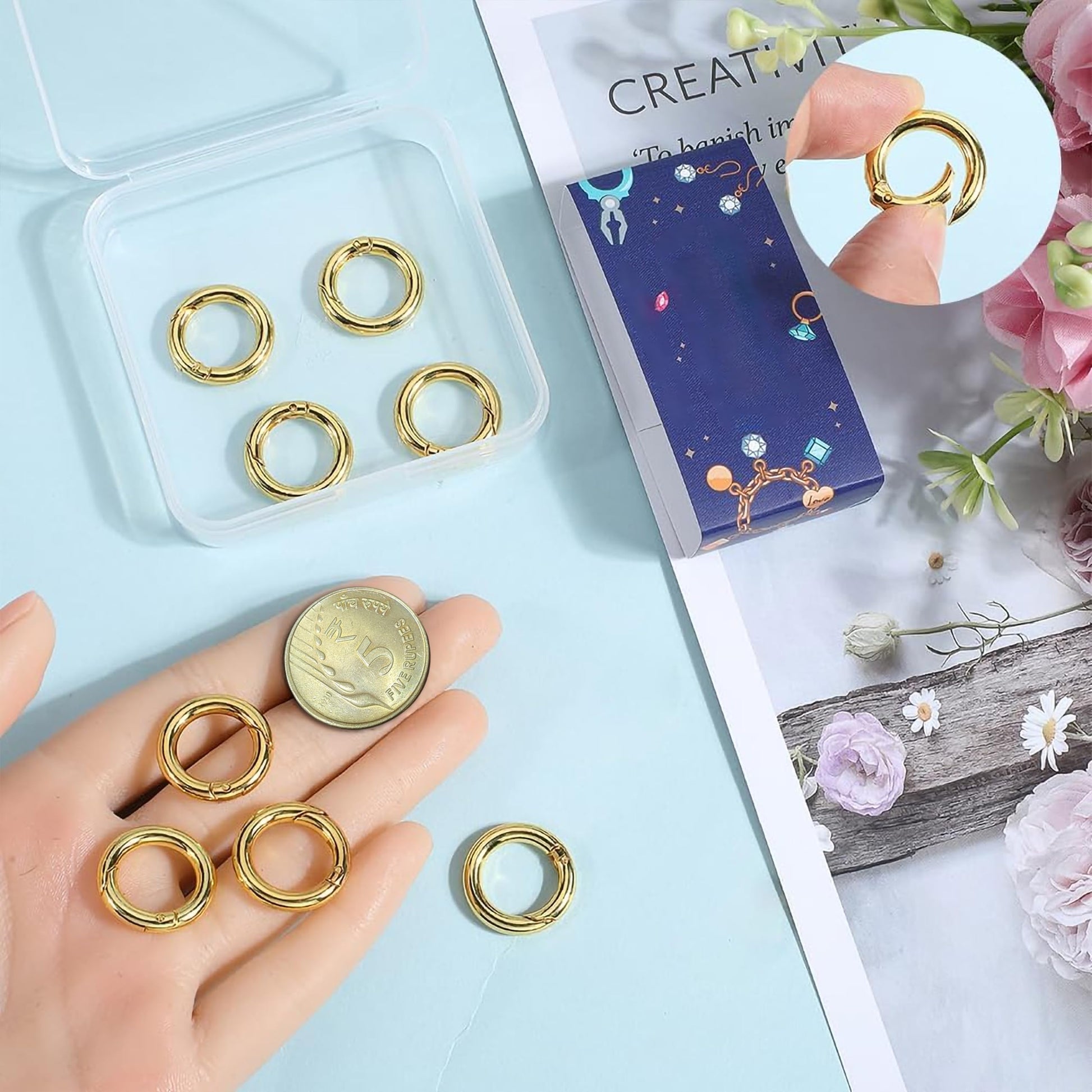 Let gold tone keychain clasp clips add durable-looking metal detail to craft hanging projects and keychains.