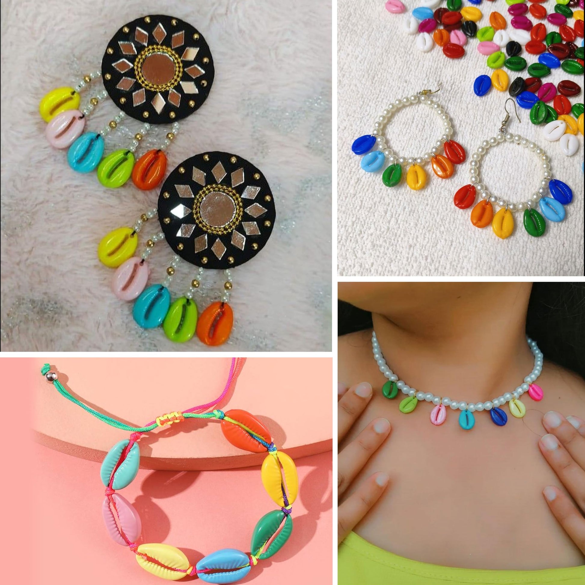 Layer necklaces, anklets and bag charms with faux shell beads full of coastal style.