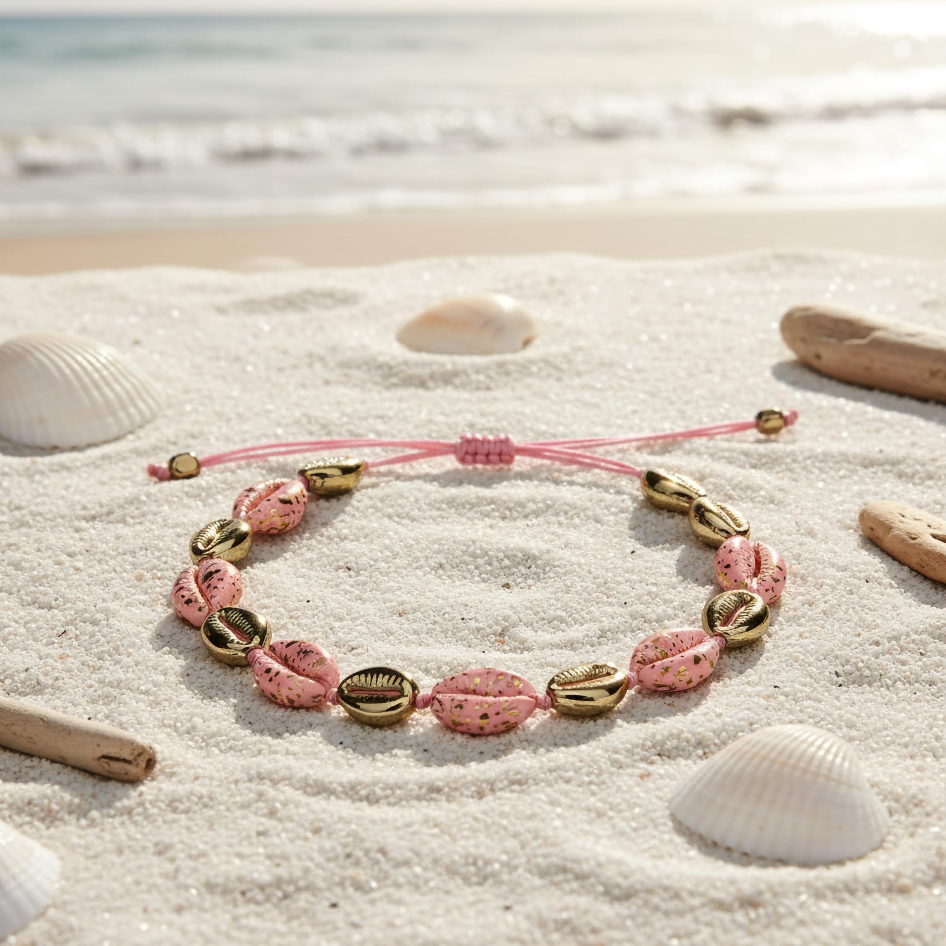Trendy pink shell bracelet with adjustable cord