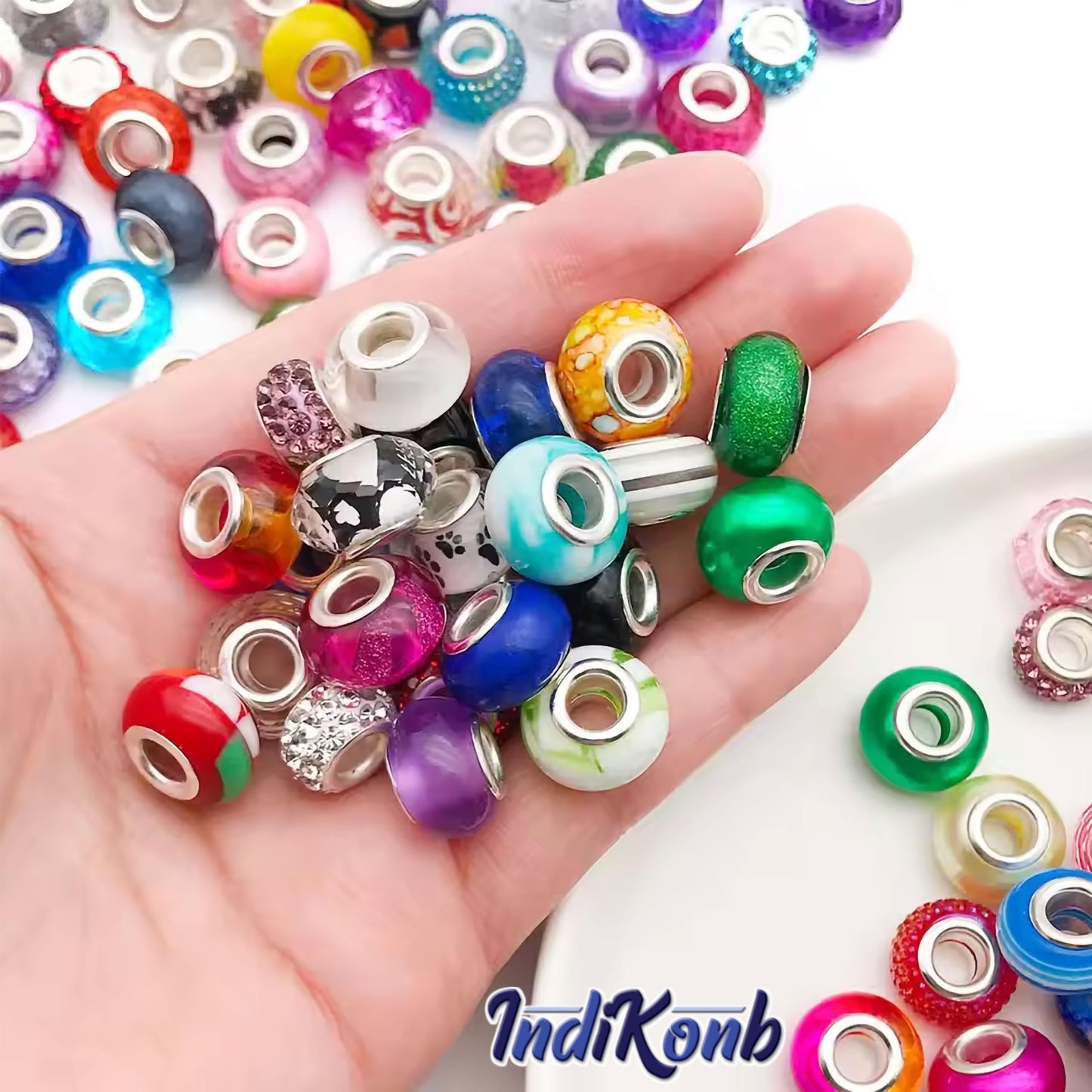 Multicolor European Craft Beads with Chain Cord Acrylic. Close-up image showing color, shape, finish, and texture details.