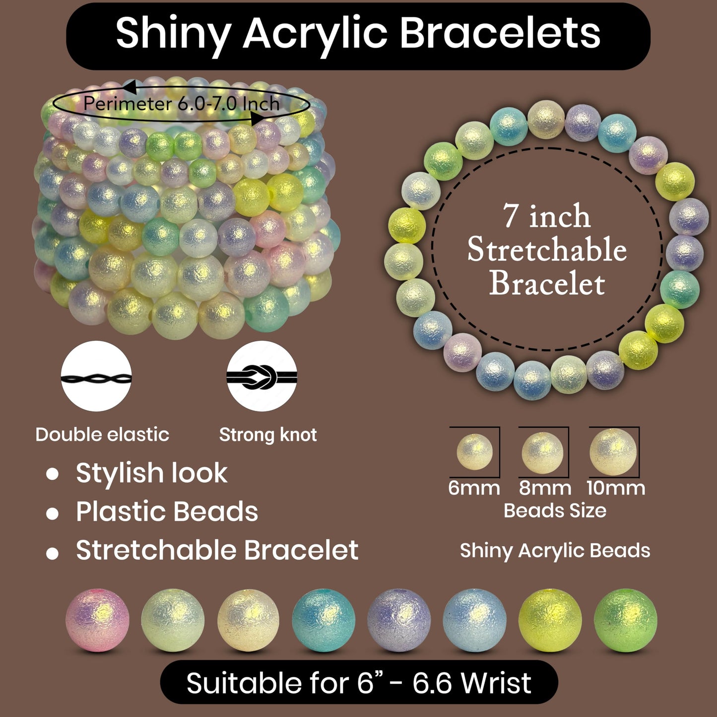 Pastel Rainbow Beaded Bracelet Combo for Girls, Elastic Set Of 6 image 5