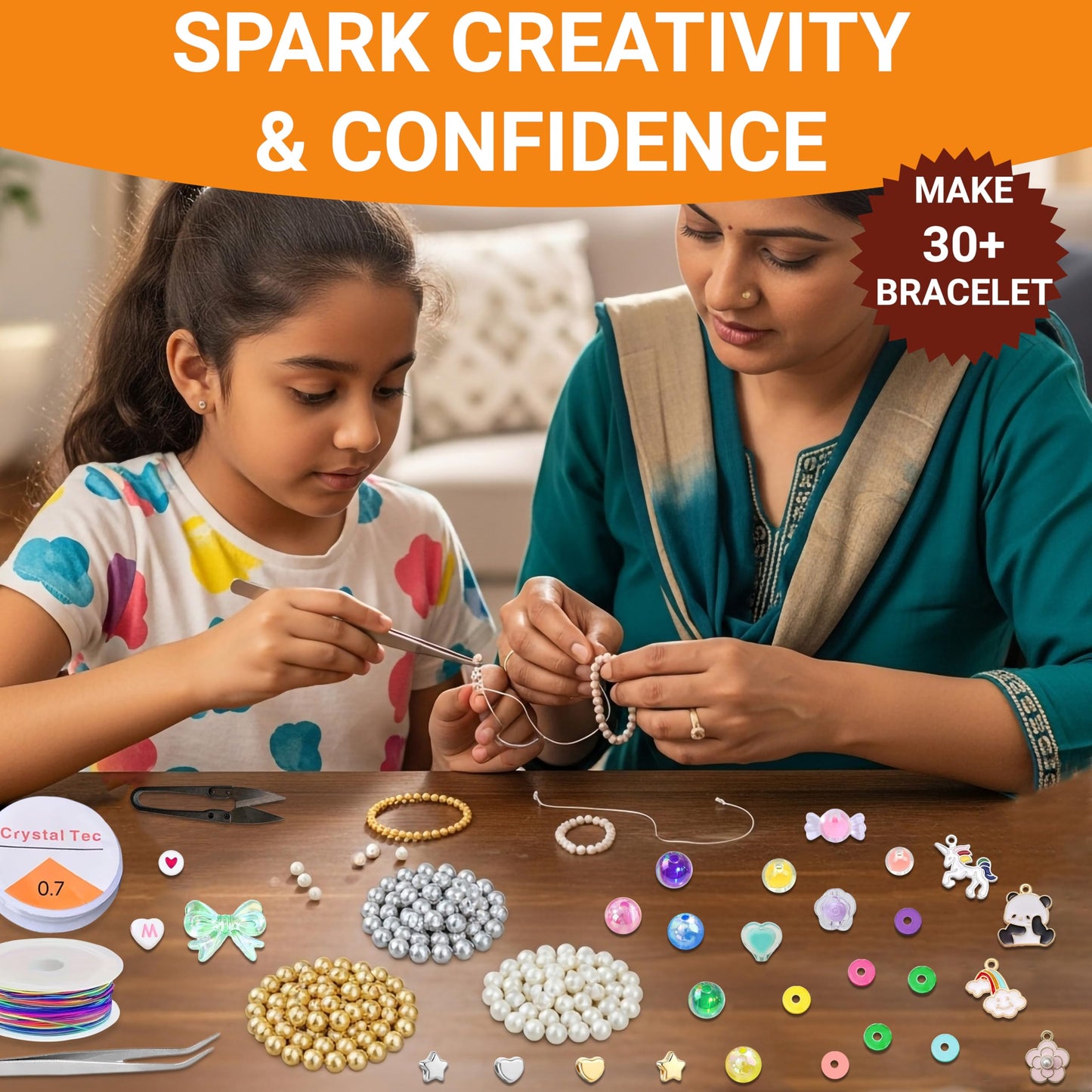 Multicolor Bracelet Making Set for Girls Age 8-12 Years Old with Beads Acrylic. Detailed product image showing size, surface, and material quality.