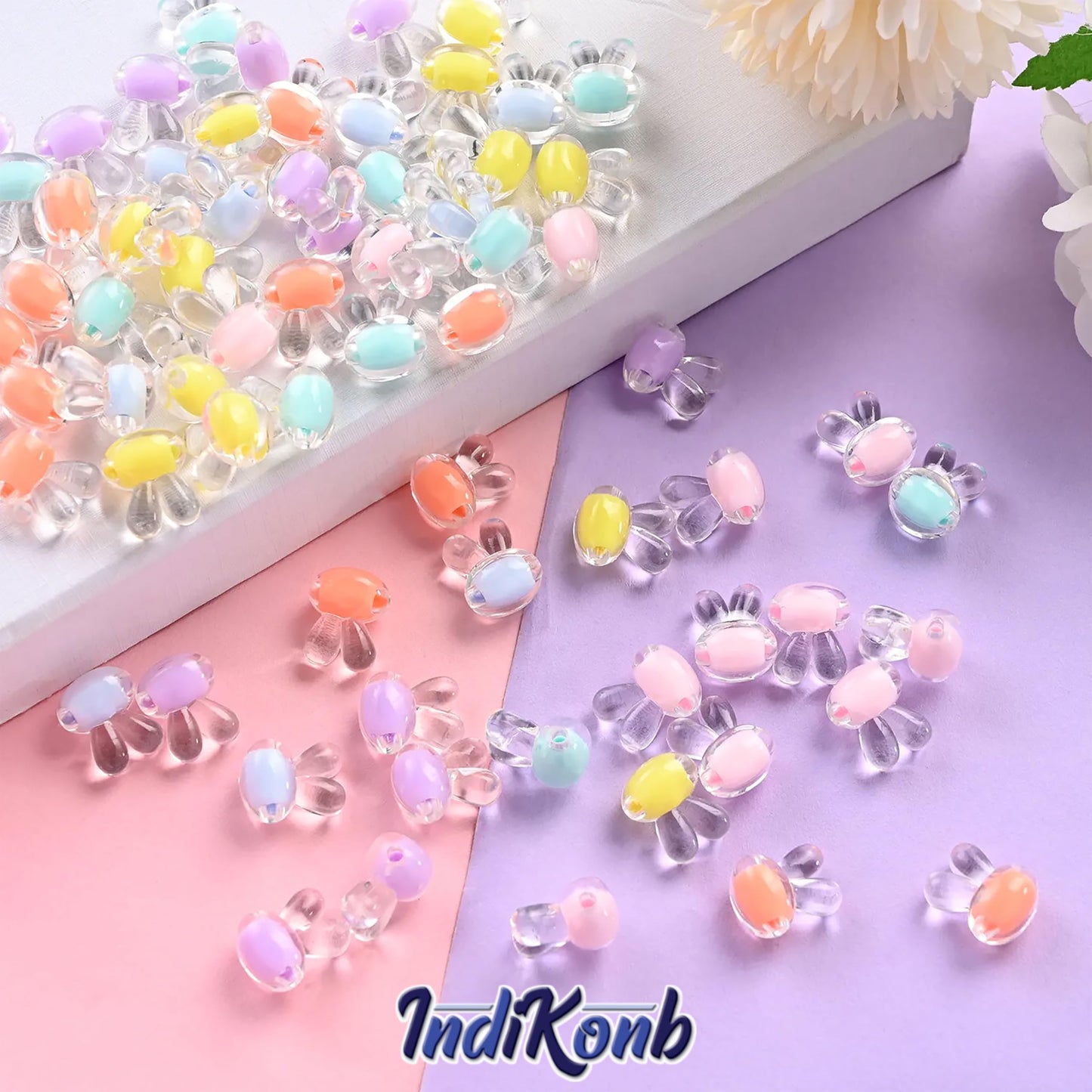Rabbit beads and multicolour plastic and acrylic beads make handmade accessories and bracelet making look more complete.