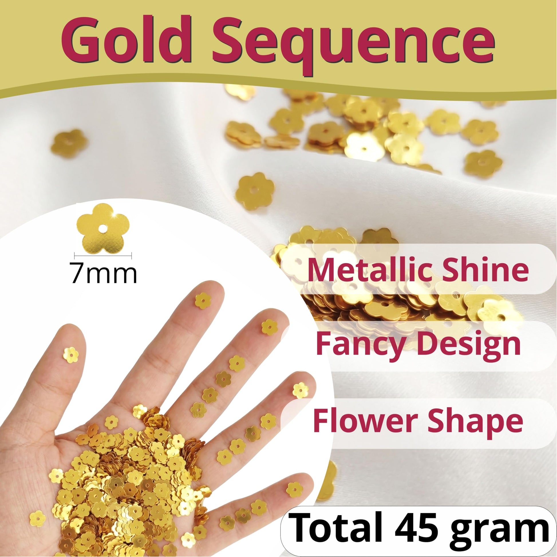 Make maggam work look more detailed with shiny gold flower chamki pieces for dress decoration.