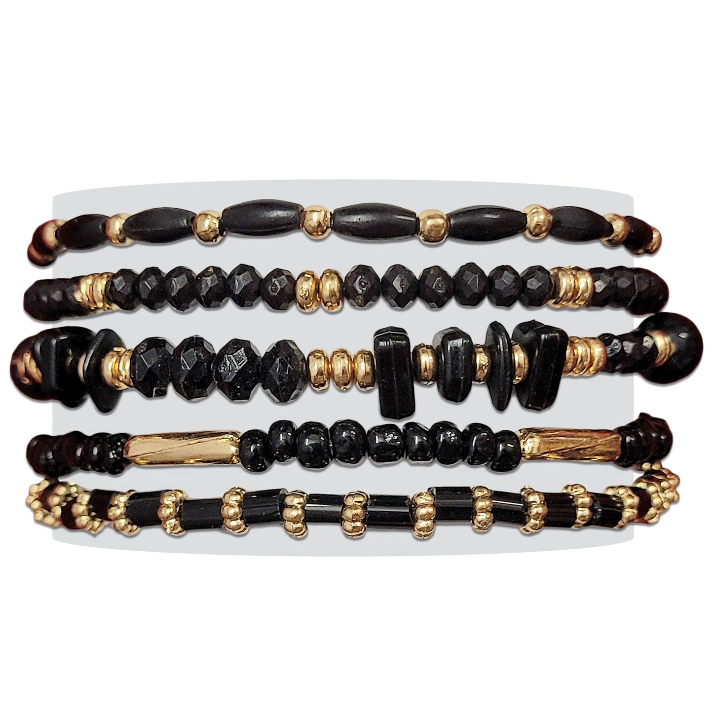 Black gold plastic and elastic bracelet helps create stylish look in everyday styling, party wear and gifting.