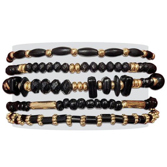 Black gold plastic and elastic bracelet helps create stylish look in everyday styling, party wear and gifting.