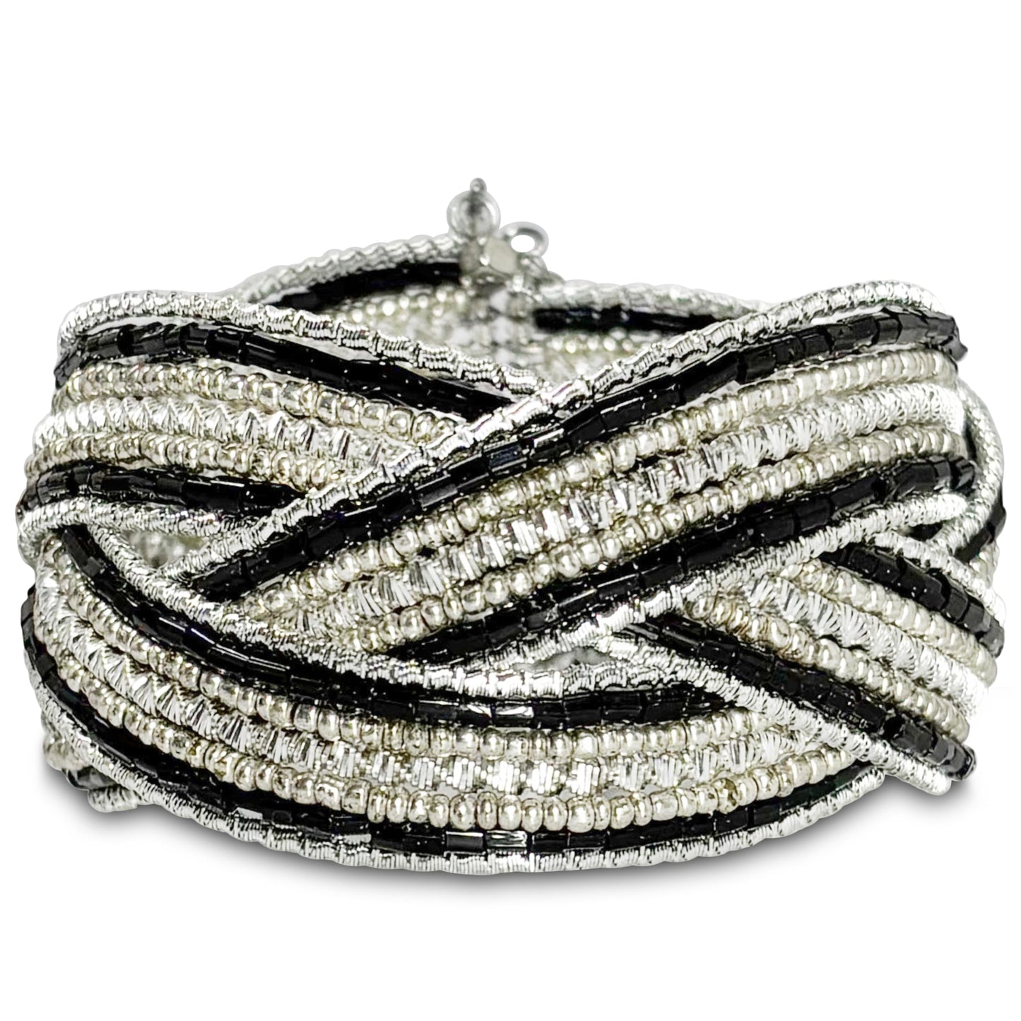 Black criss cross beaded cuff bracelet wide statement design