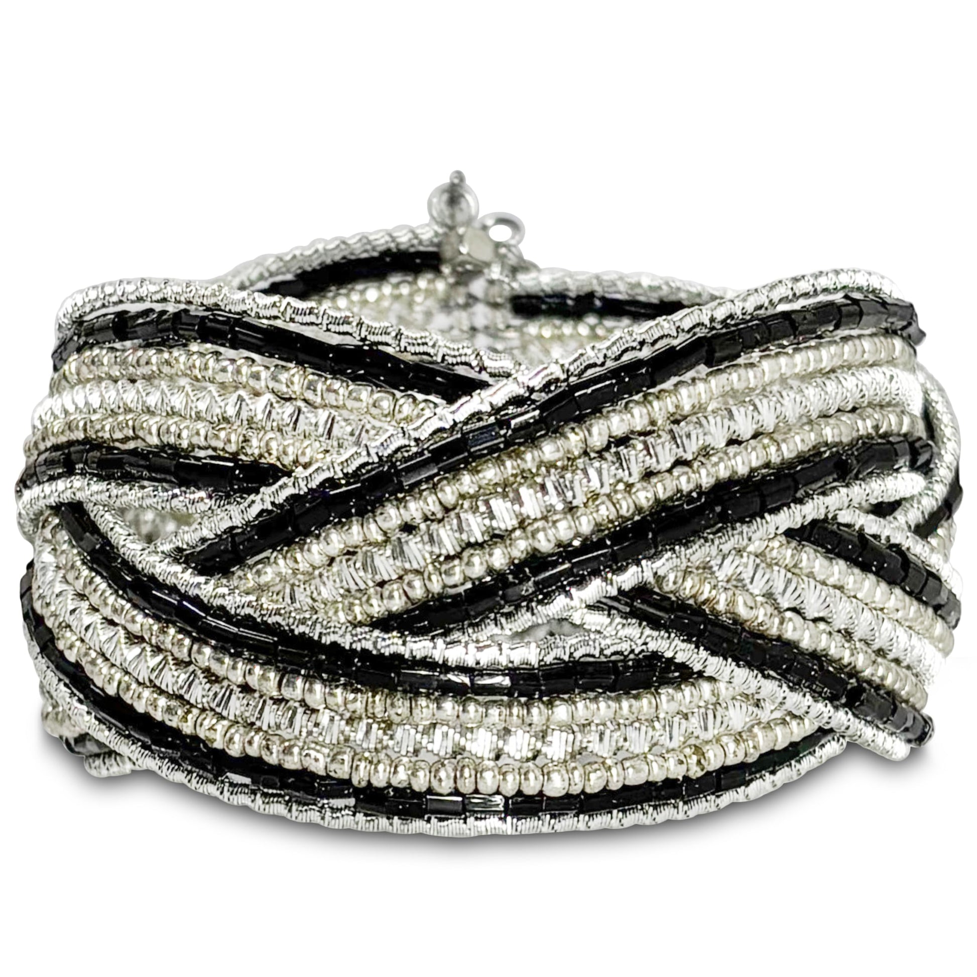Black criss cross beaded cuff bracelet wide statement design