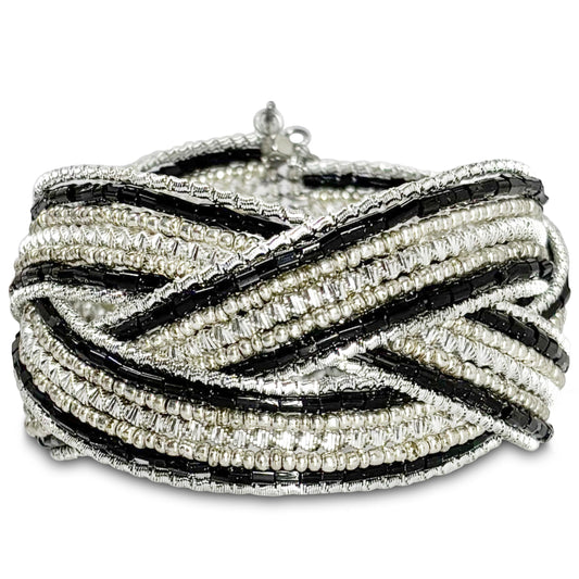 Black criss cross beaded cuff bracelet wide statement design