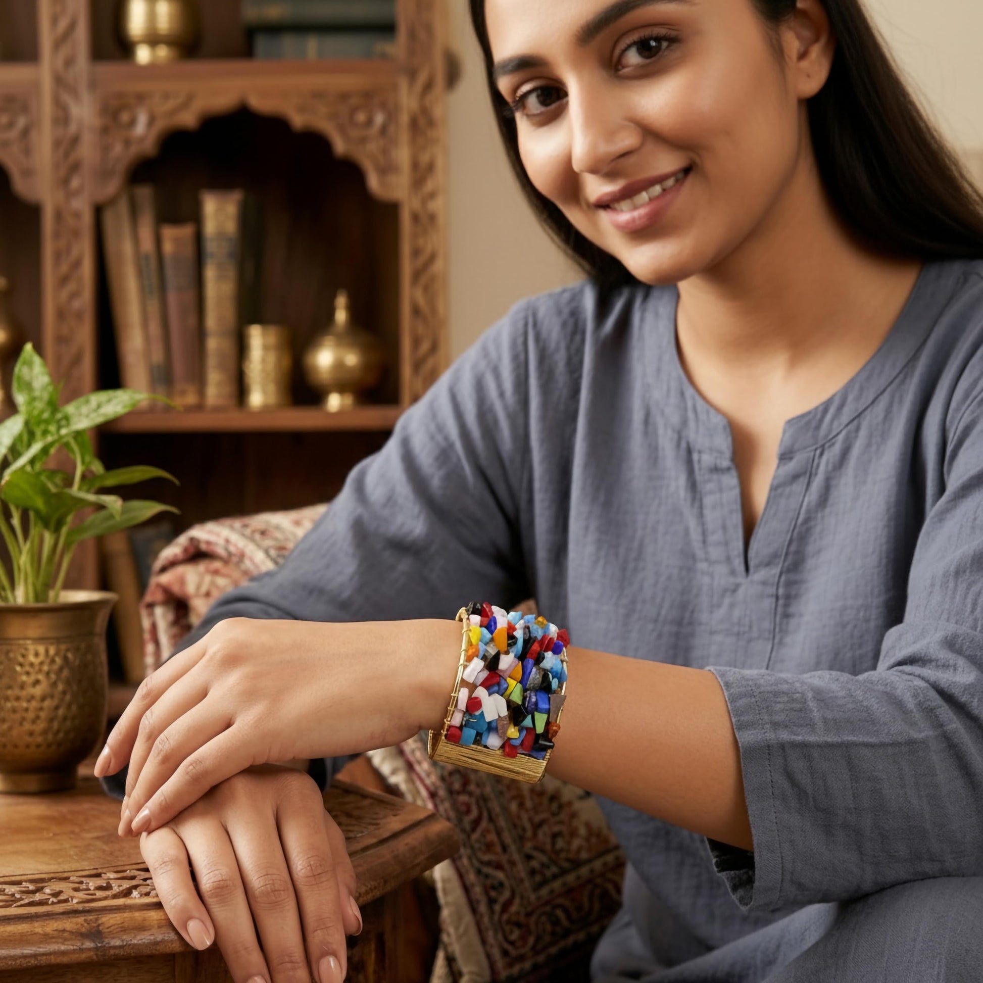 Add a bold handmade accent to outfits using a multicolor chunky stone cuff bracelet.