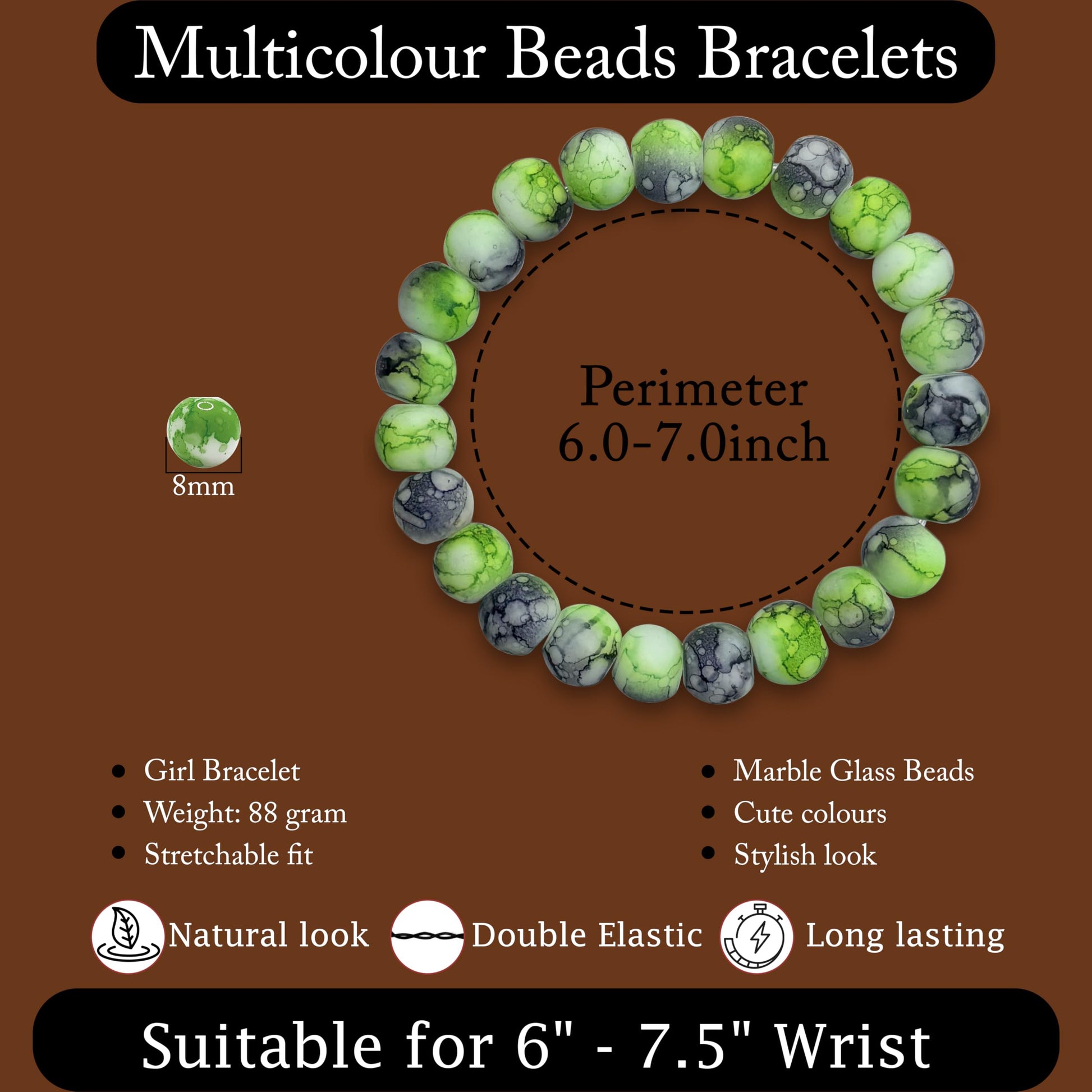 Gift a cheerful handmade accessory with a green and black marble beaded bracelet for casual outfits.