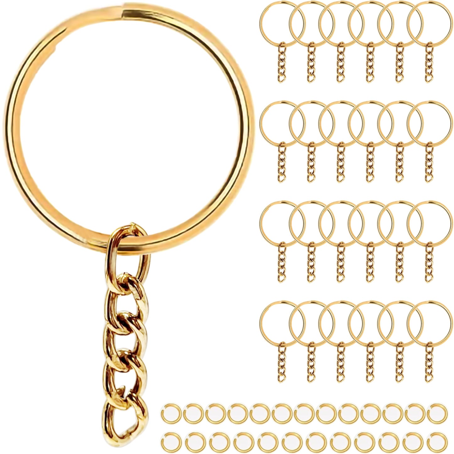 Gold Keychain Rings with Jump Rings. Main product image showing the full product layout.