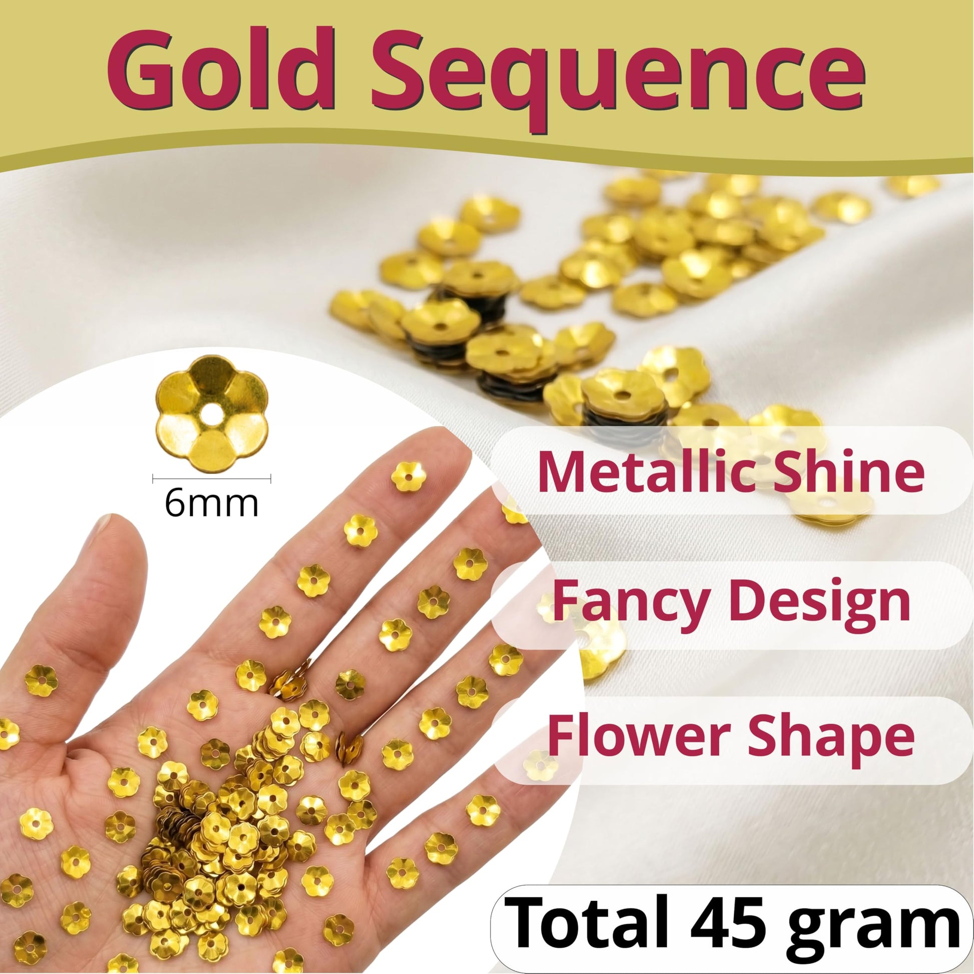 Add dress-craft shimmer to maggam work and dress decoration with metallic gold flower chamki pieces.