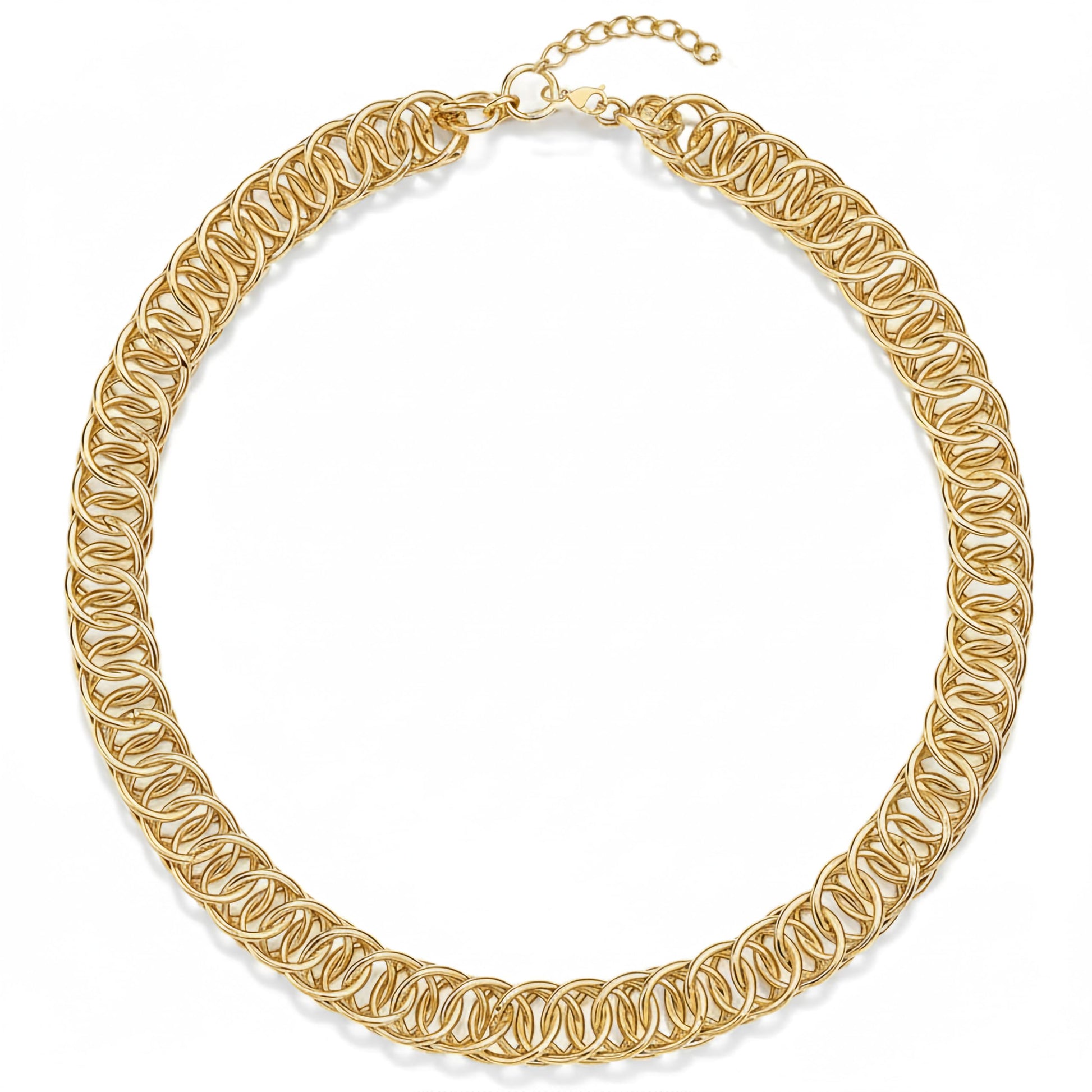 Use these gold tone linked woven neck chains to make men's jewelry styling feel more finished.
