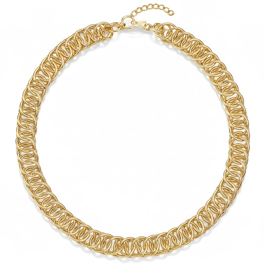 Use these gold tone linked woven neck chains to make men's jewelry styling feel more finished.