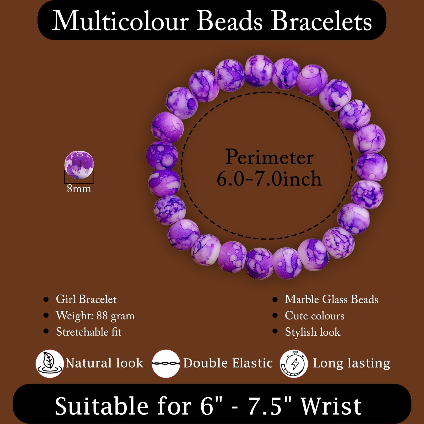 Gift a cheerful handmade accessory with a purple marble beaded bracelet for casual outfits.