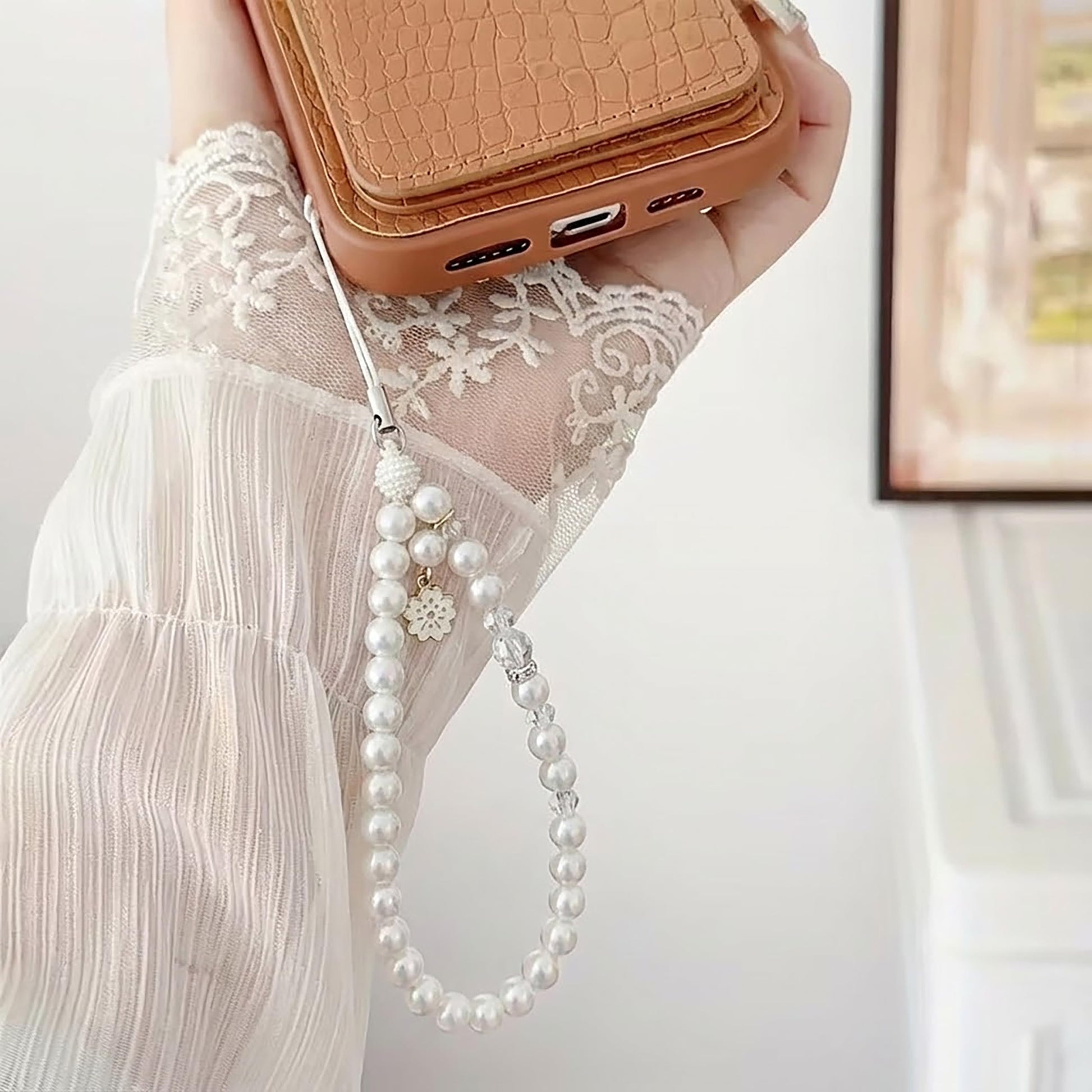 White Cell Phone Mobile Strap with Crystal Beads. Assorted layout image showing beads organized for bracelet and DIY projects.