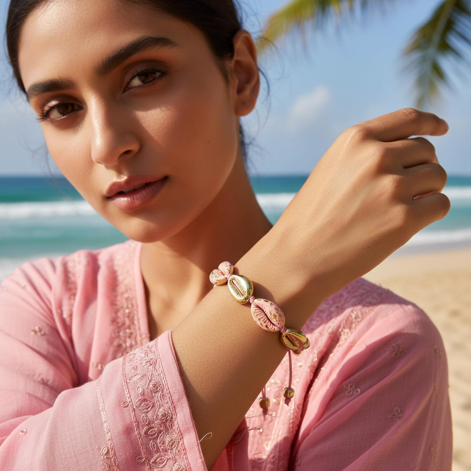 Beach style bracelet with pink shells and gold charms