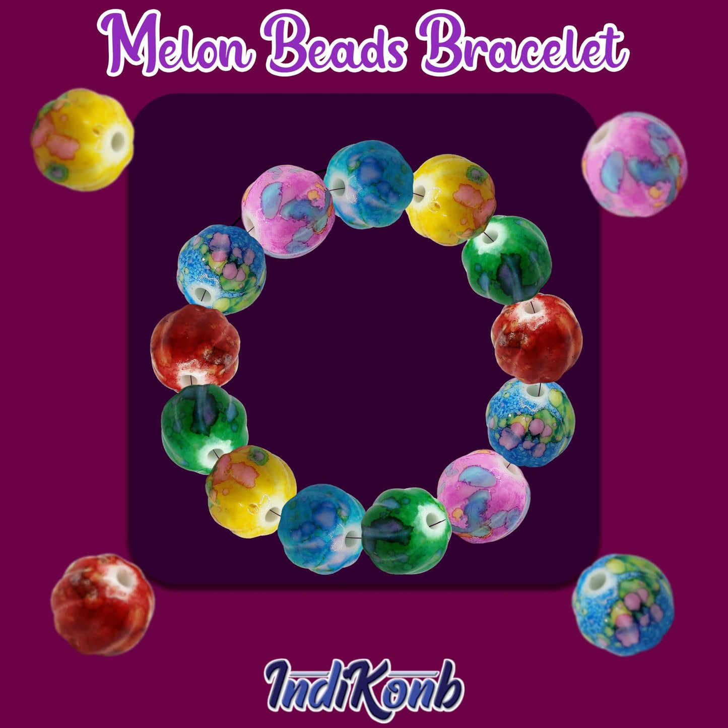 Multicolour Large Melon Shape Beads 15MM