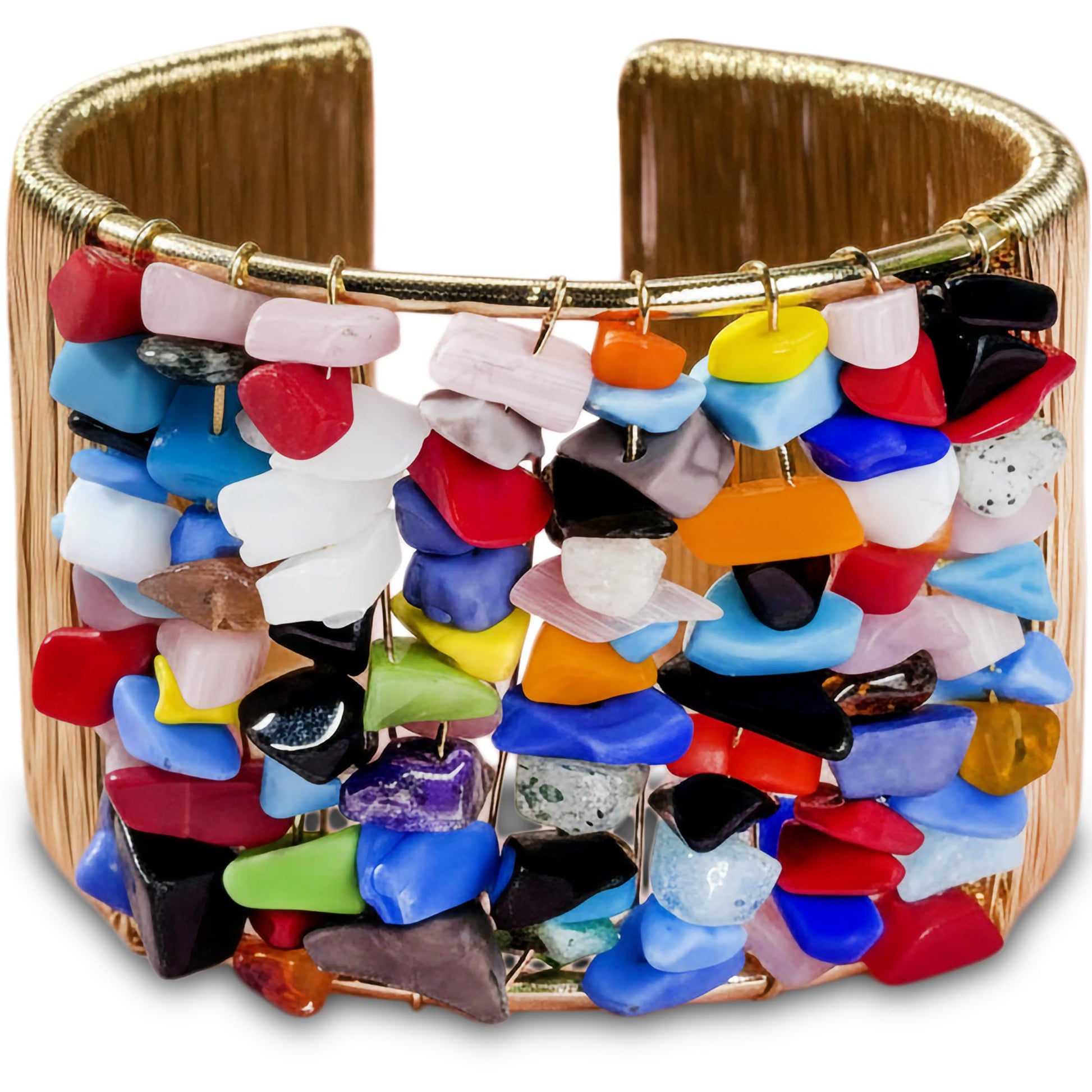 Make wrist styling stand out with a multicolor stone chip cuff bracelet and gold-tone wire detail.