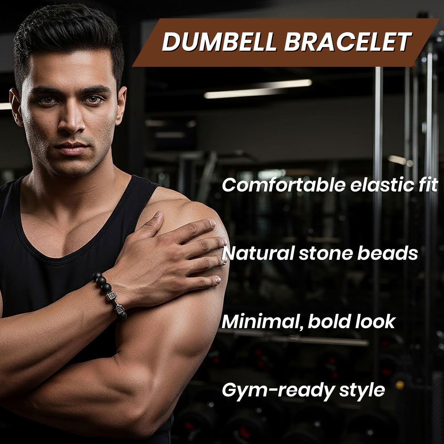 Black Gym Bracelet for Men with Silver Accents, Dumbbell Black and Silver image 2