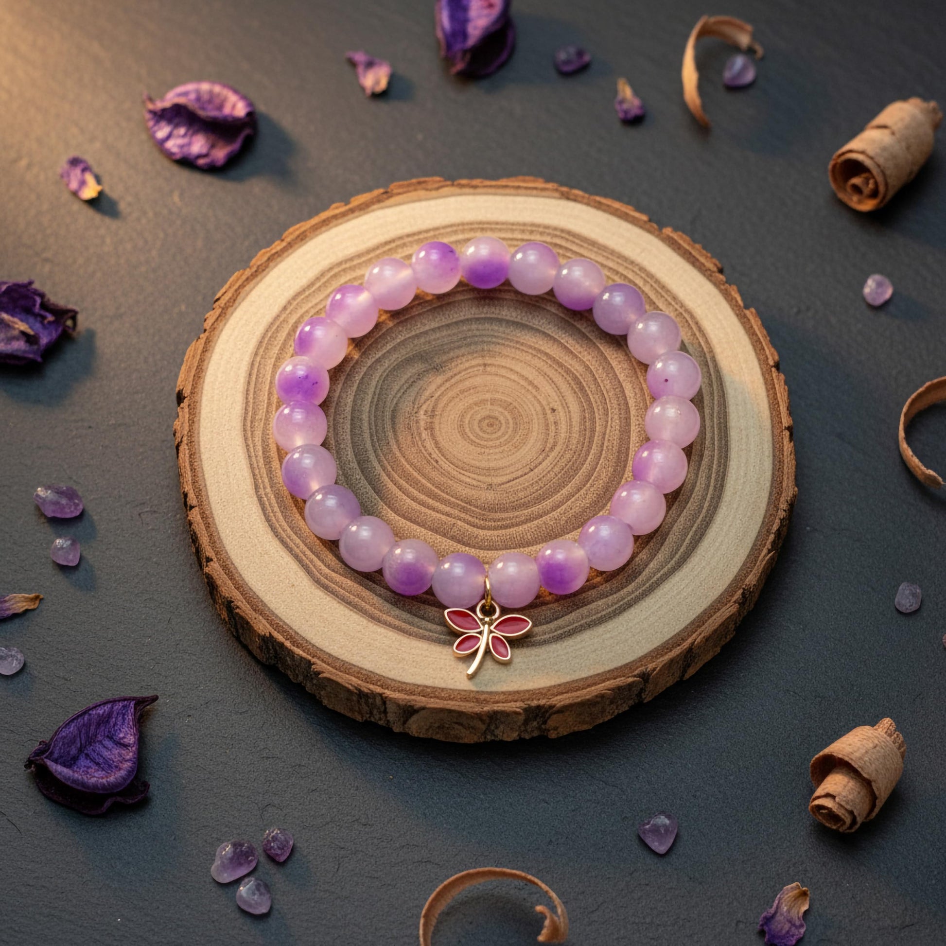 Layer cute wrist stacks with lavender dualtone bead details and charm accents.