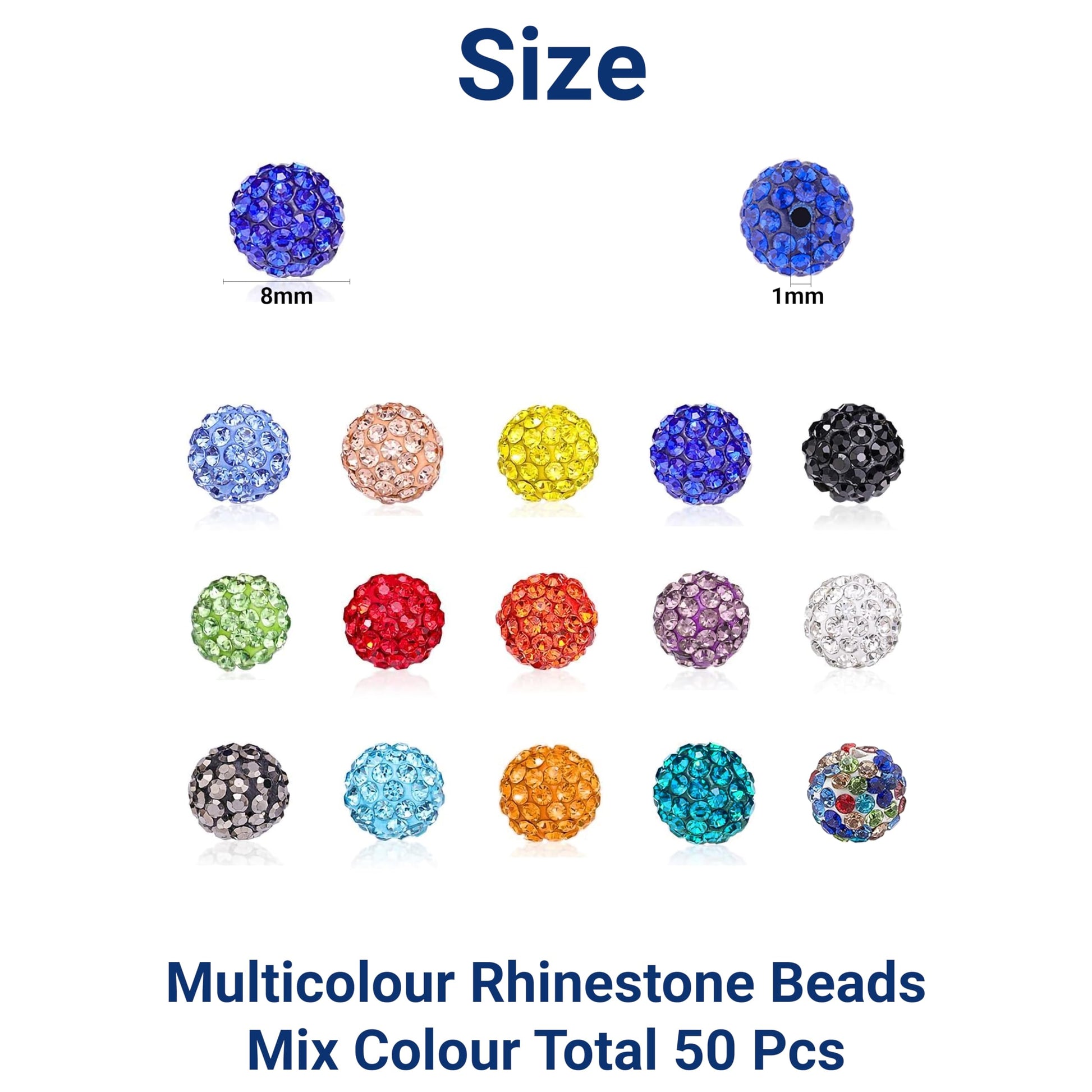 Multicolor Crystal Pave Disco Ball Rhinestone Beads 8mm. Packaging and contents image showing the full set for craft use.