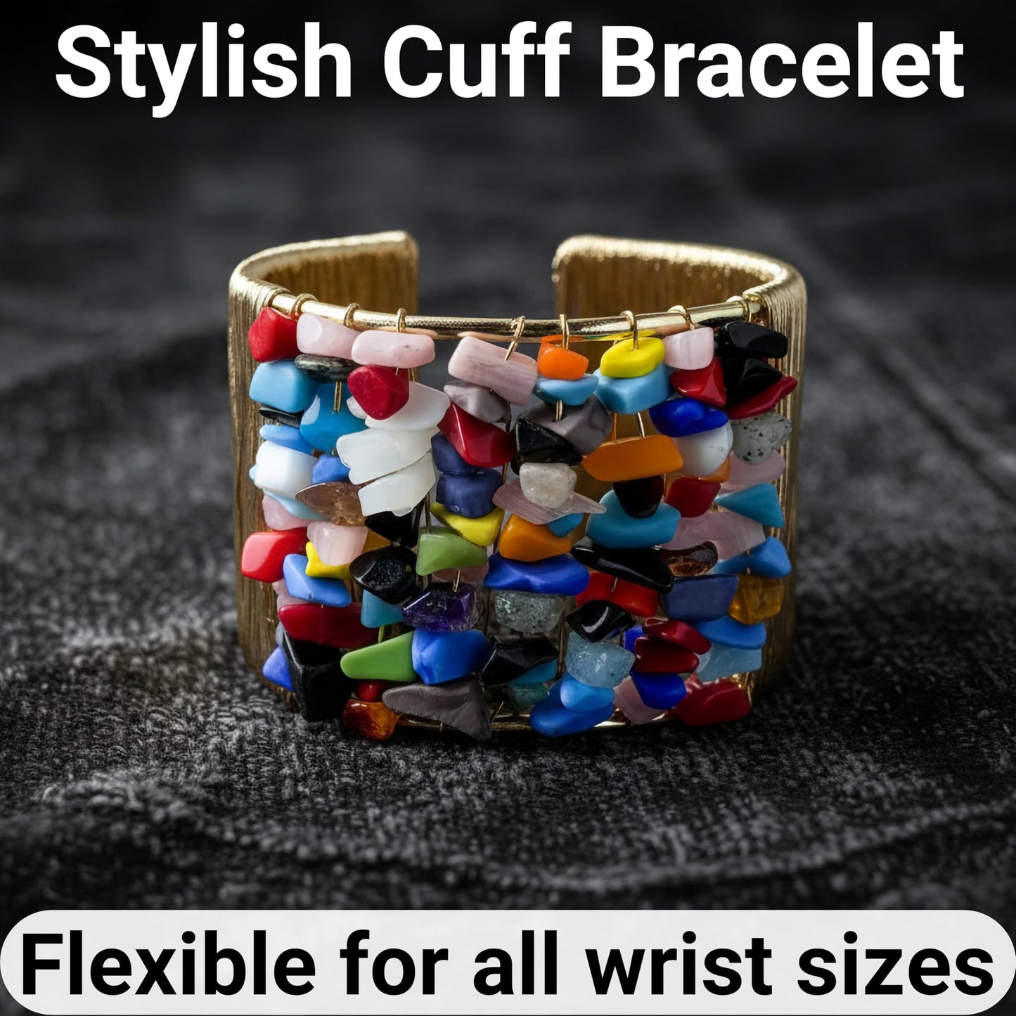 Style a statement bracelet look with multicolor gemstone chips and sculpted gold-tone wire.