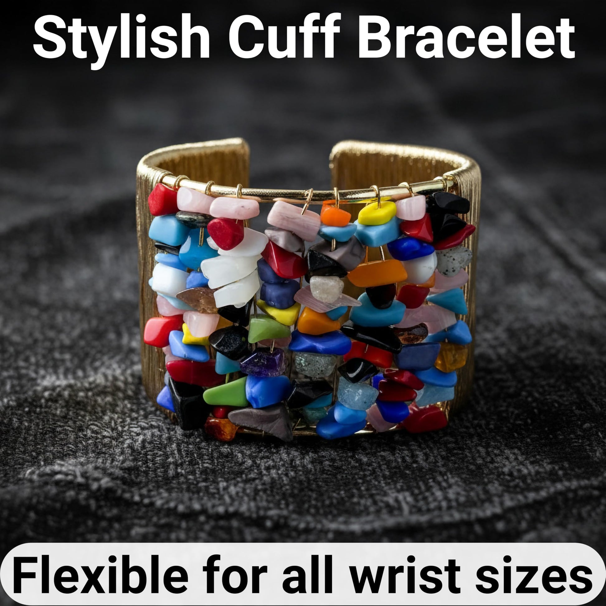 Style a statement bracelet look with multicolor gemstone chips and sculpted gold-tone wire.