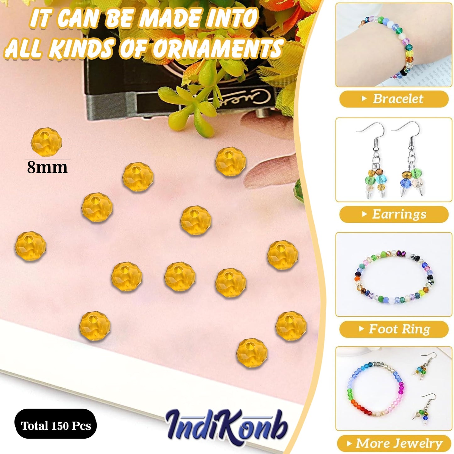 The handmade beadwork accent to handmade projects of yellow and transparent 8mm and 90 grams beads supports necklace making and DIY jewellery projects.