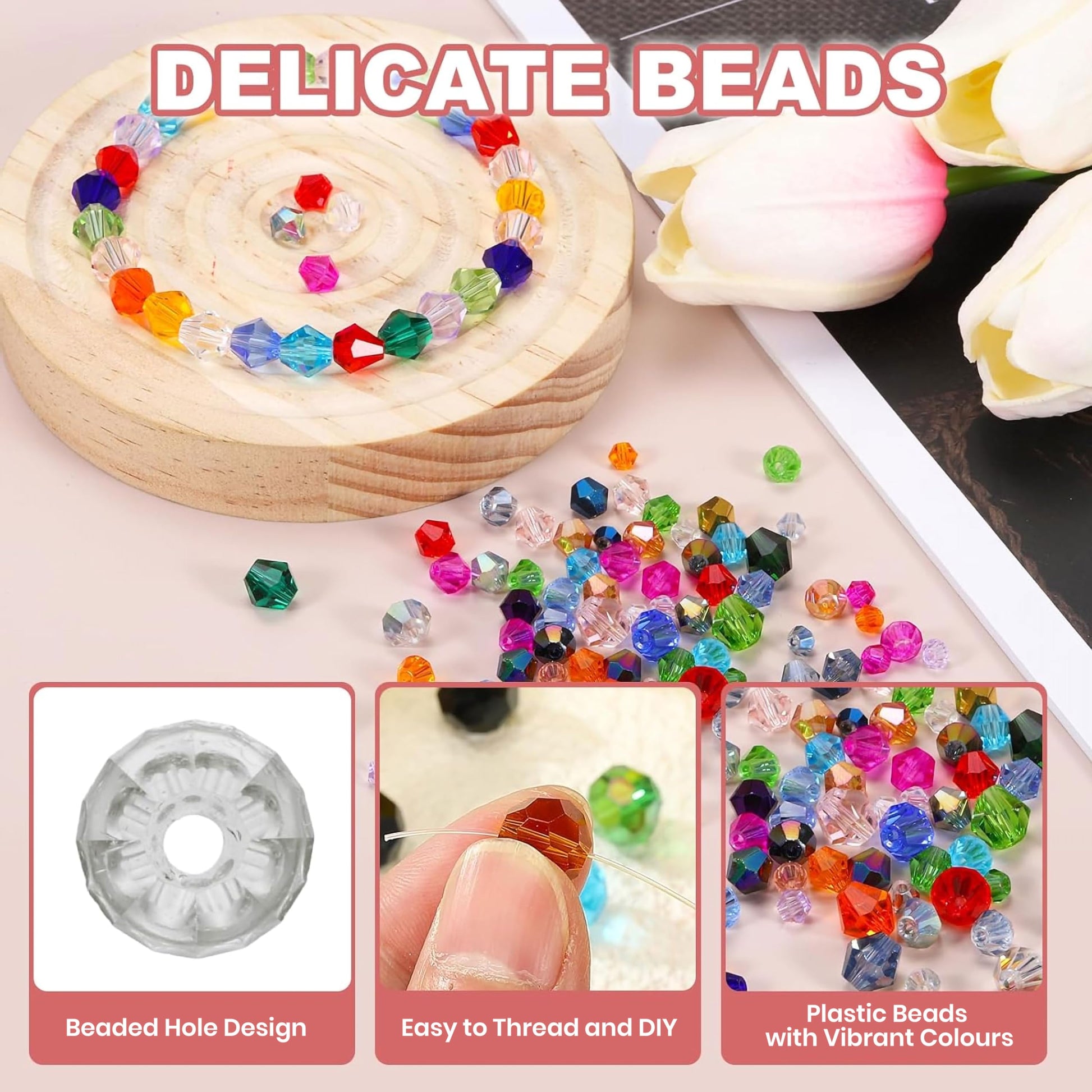 Bicone Acrylic Plastic Crystal-like Beads. Detailed product image showing size, surface, and material quality.