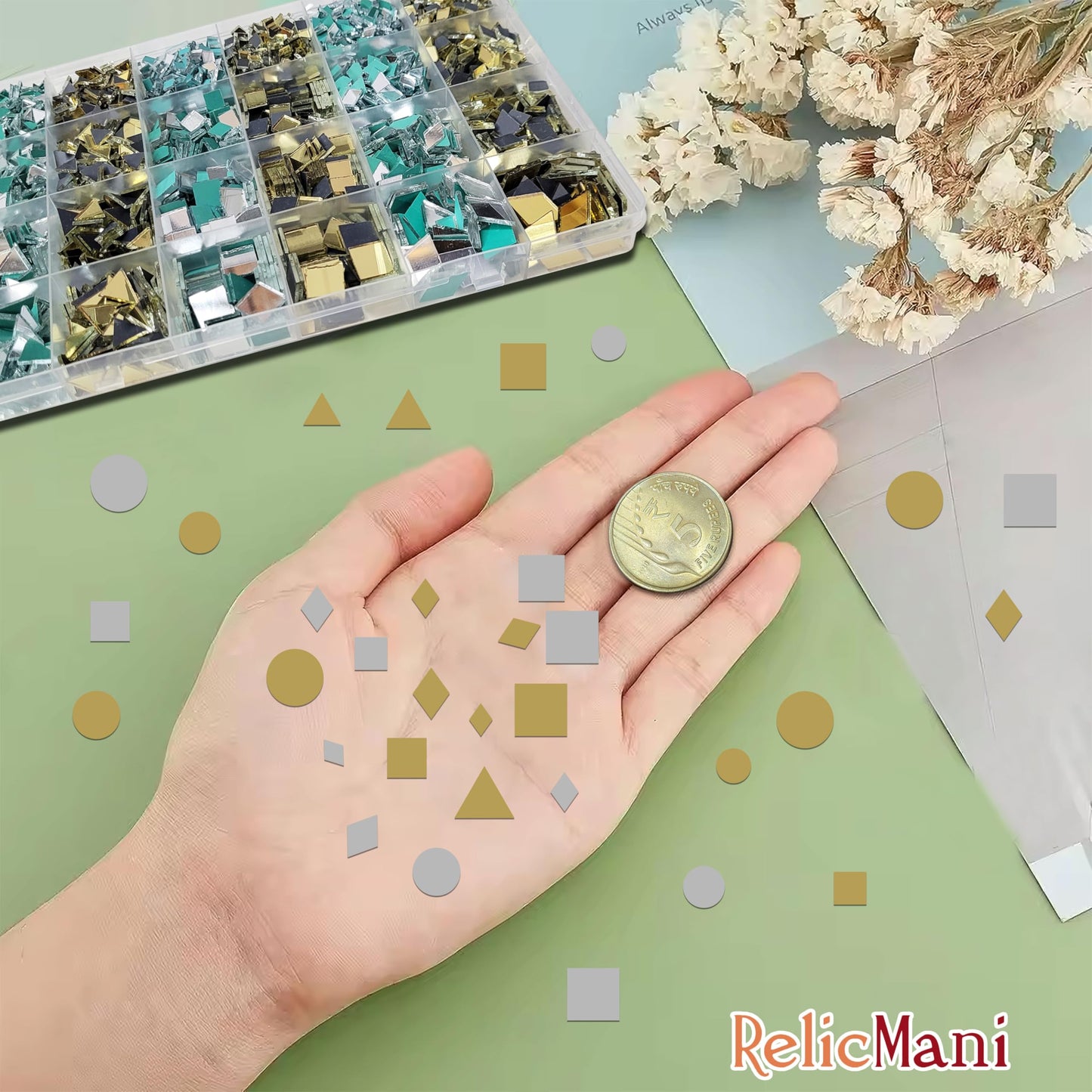 Gold and silver glass and mirror Lippan art glass pieces keep mirror work, wall décor and decorative craft finishing visually clean while adding neat decorative finish.