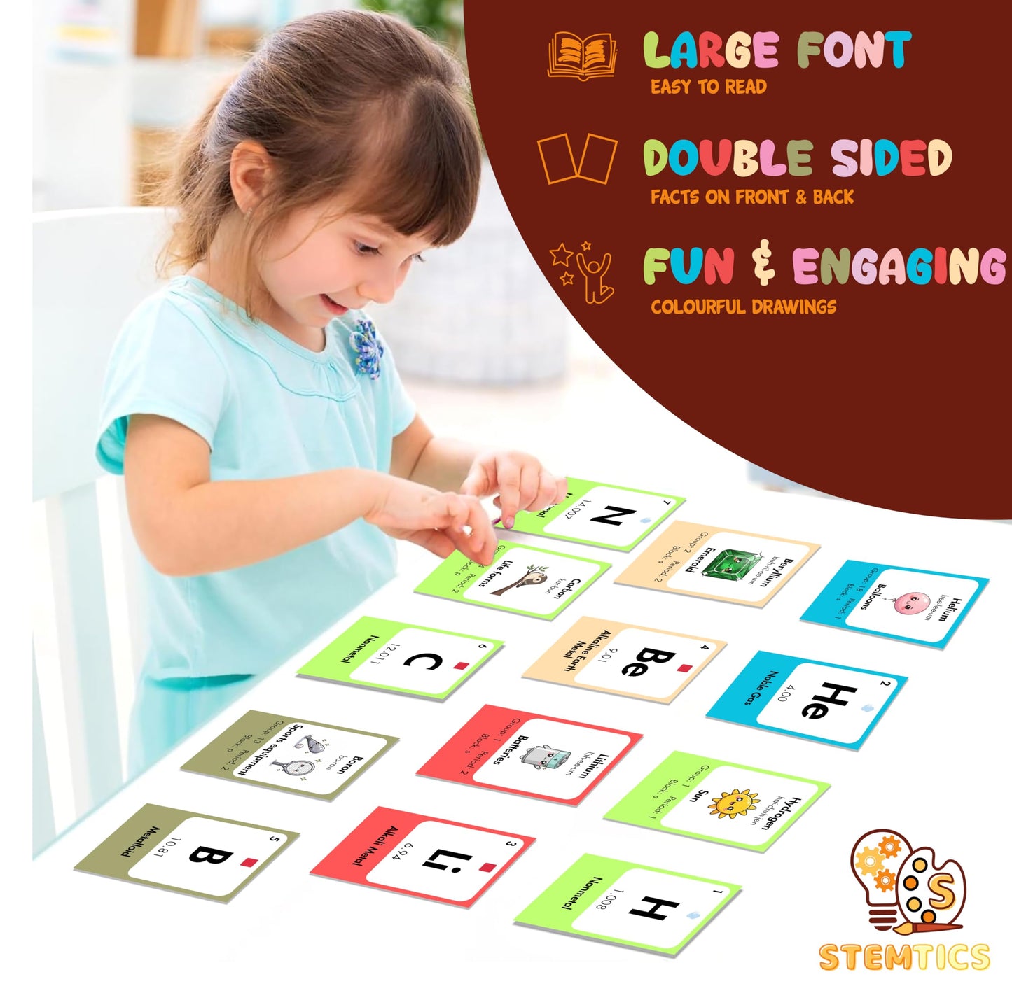 Multi-color Element Explorer Chemistry Elements Period Table Flash Cards Paper. Alternate angle image showing product appearance and use.