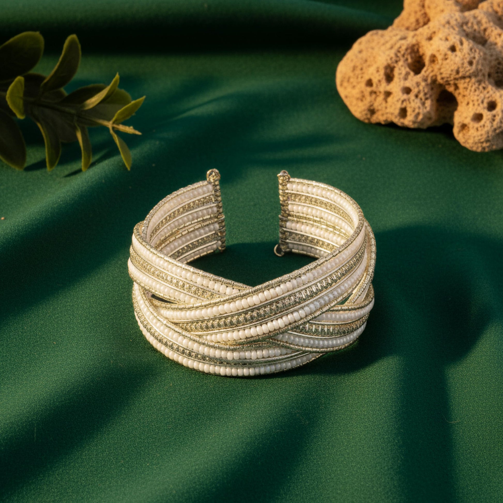 Elegant white bead kada bracelet lightweight wide cuff