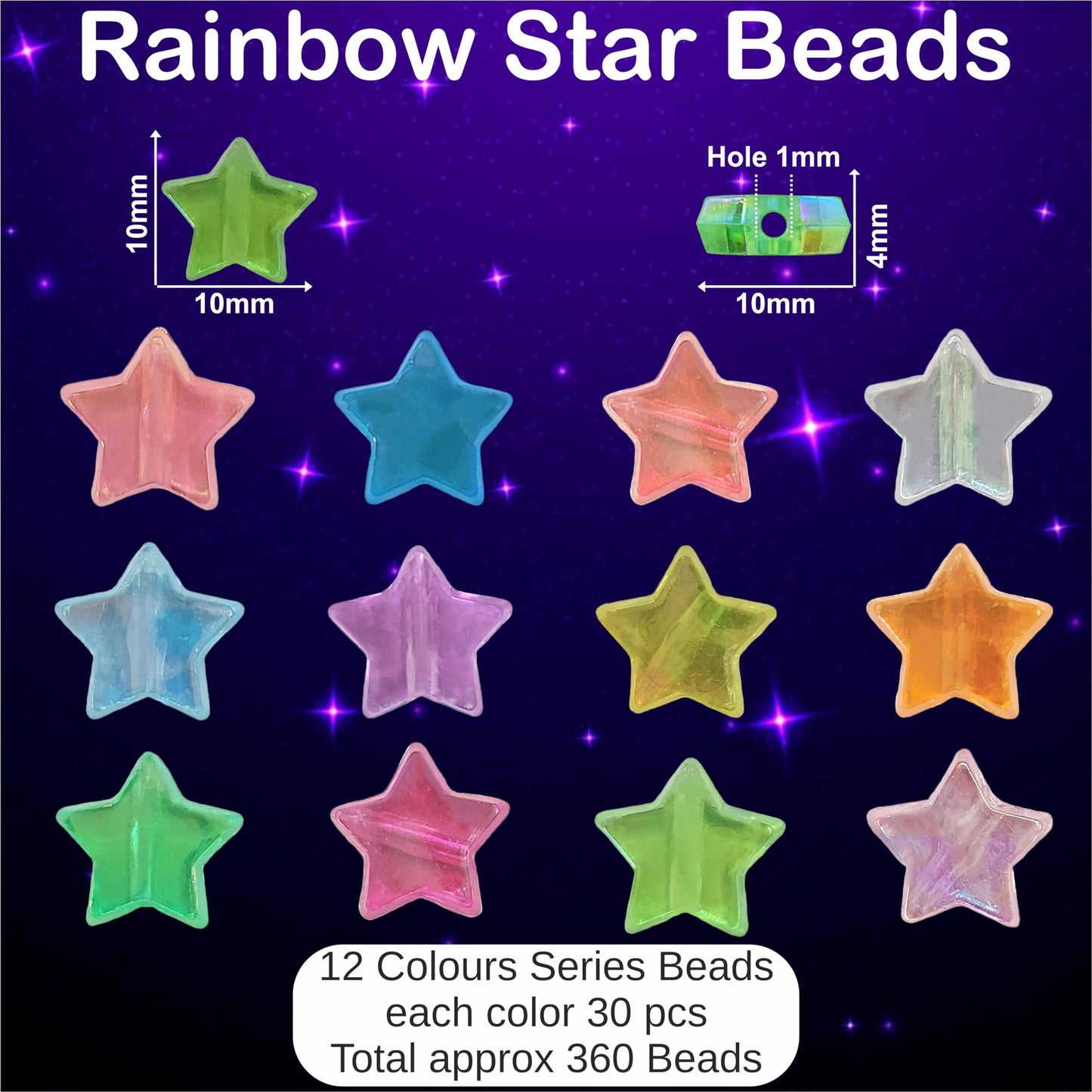 Multicolor Star Shaped Rainbow Beads - 8mm Plastic Craft Beads